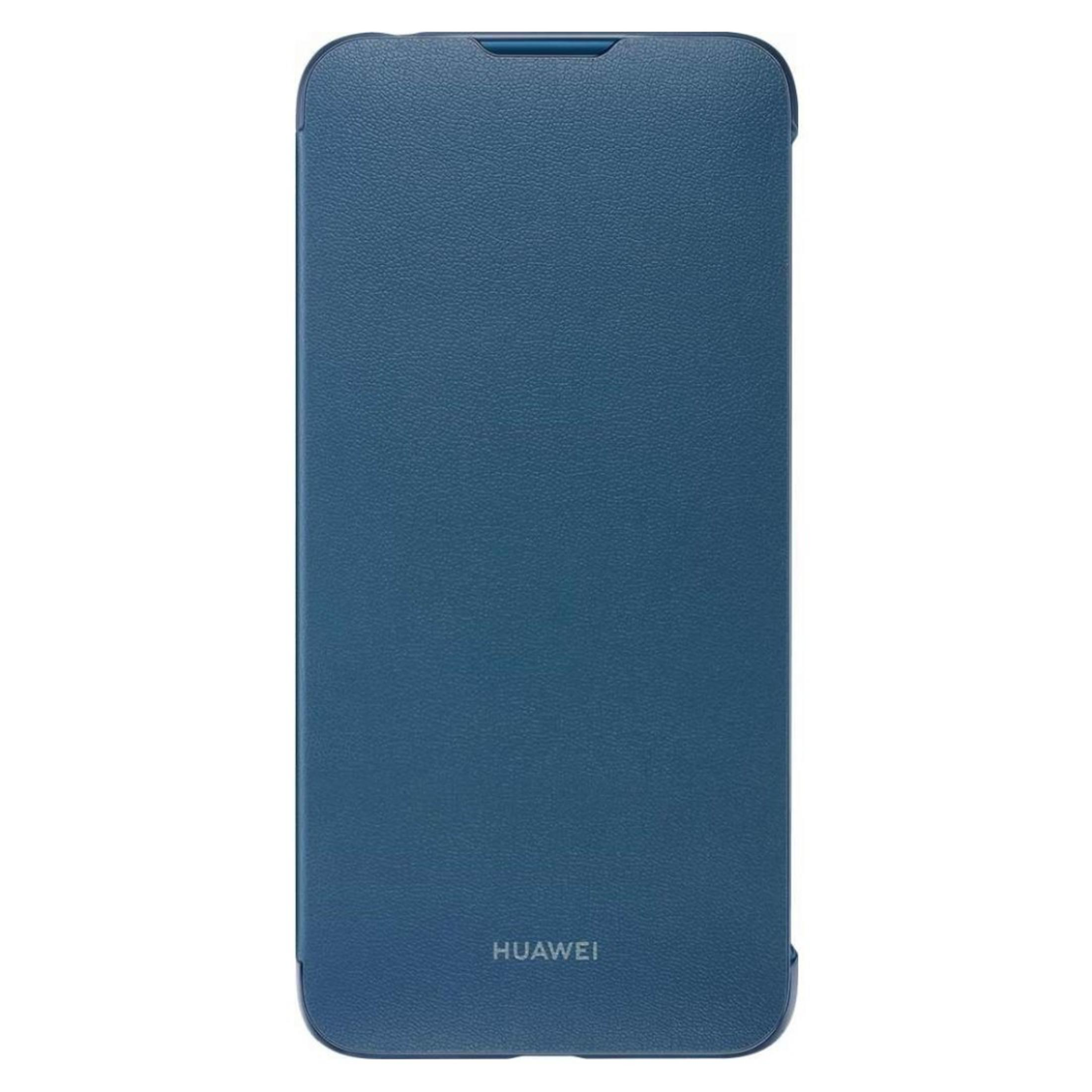 Custodia blu per telefono, chiusa. Logo Huawei. Sfondo bianco.