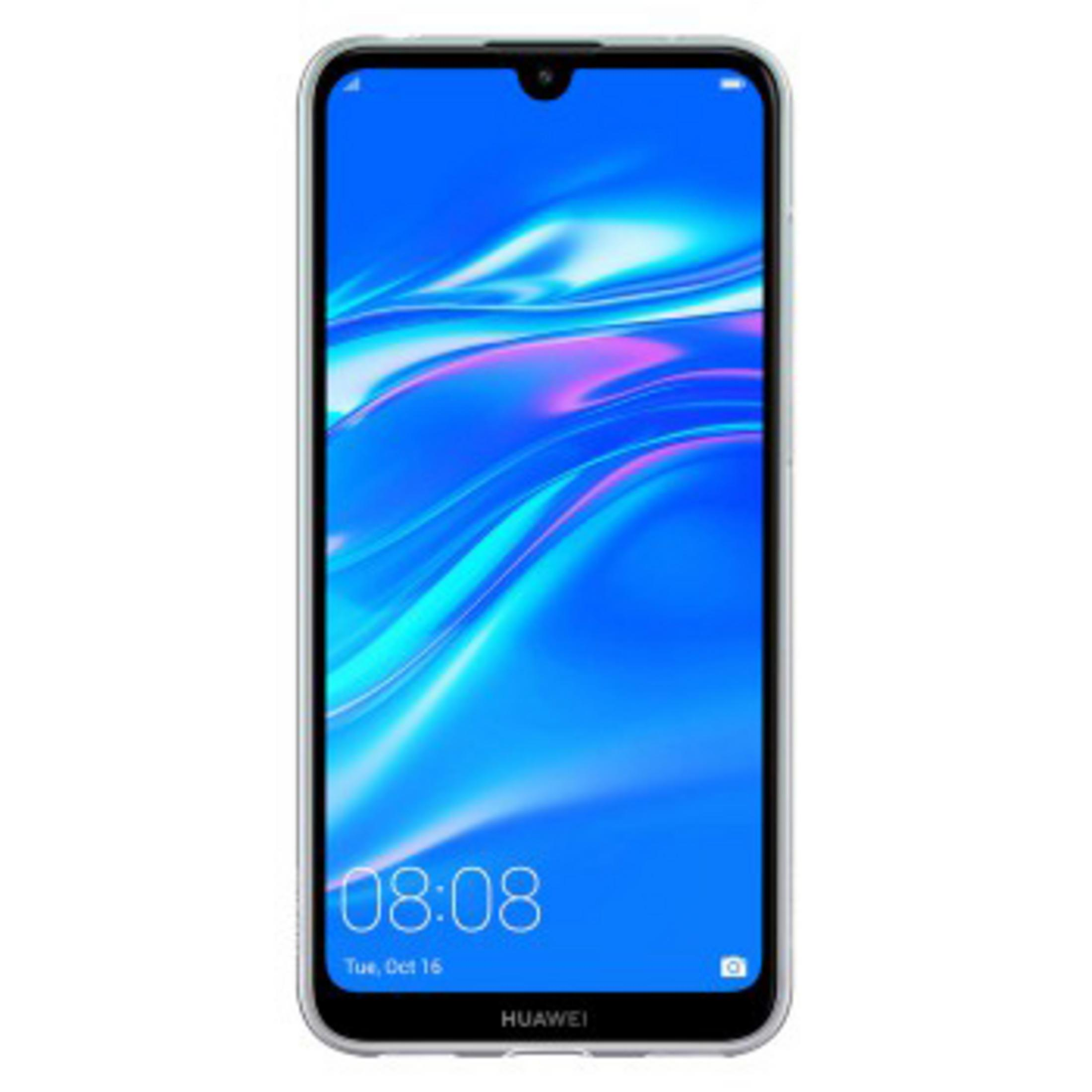 Ekran smartfona Huawei wyświetlający godzinę, datę i niebieski interfejs użytkownika, z czarną ramką.