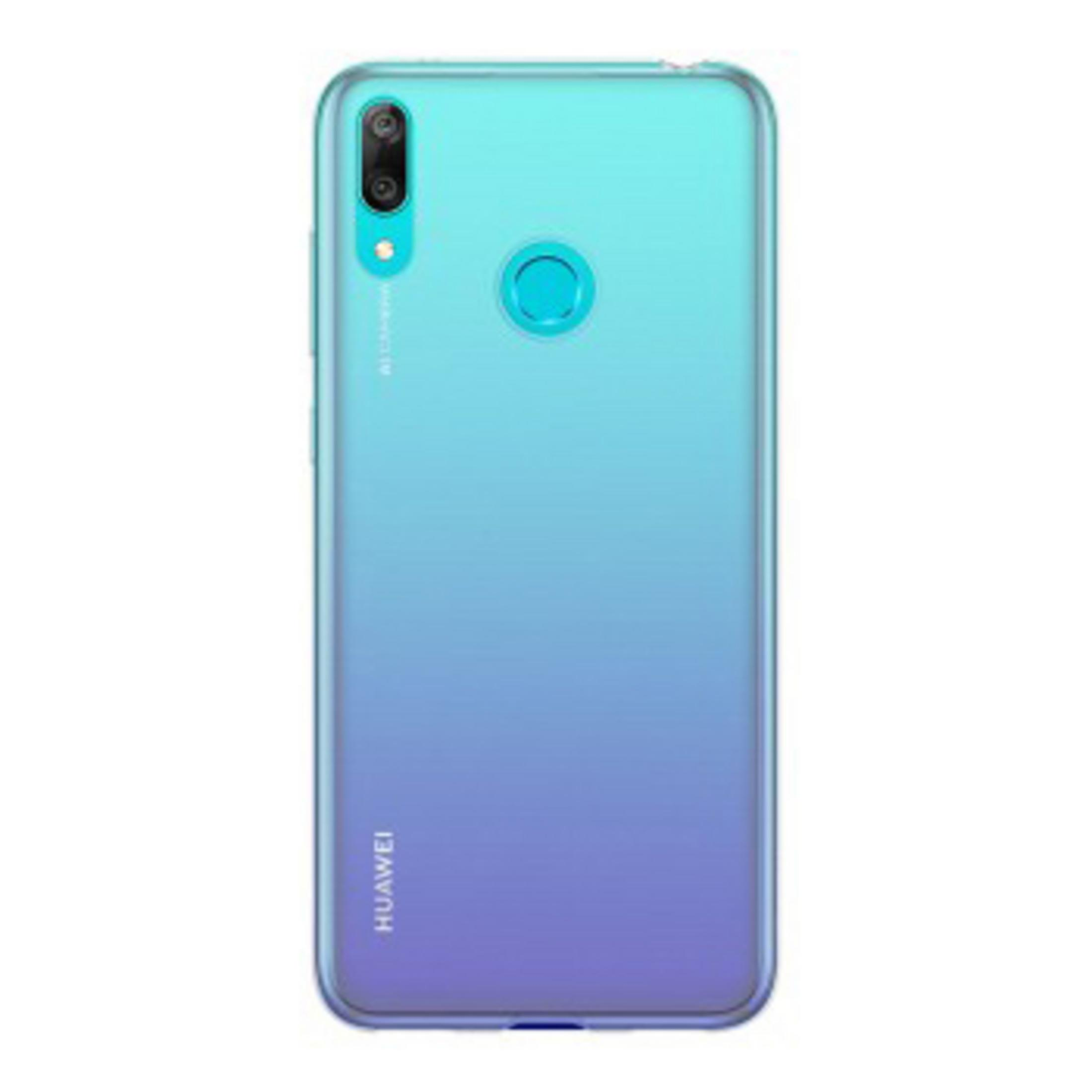 Niebiesko-fioletowe etui gradientowe na telefon. Logo Huawei na dole. Widok z tyłu, przezroczysty plastik.