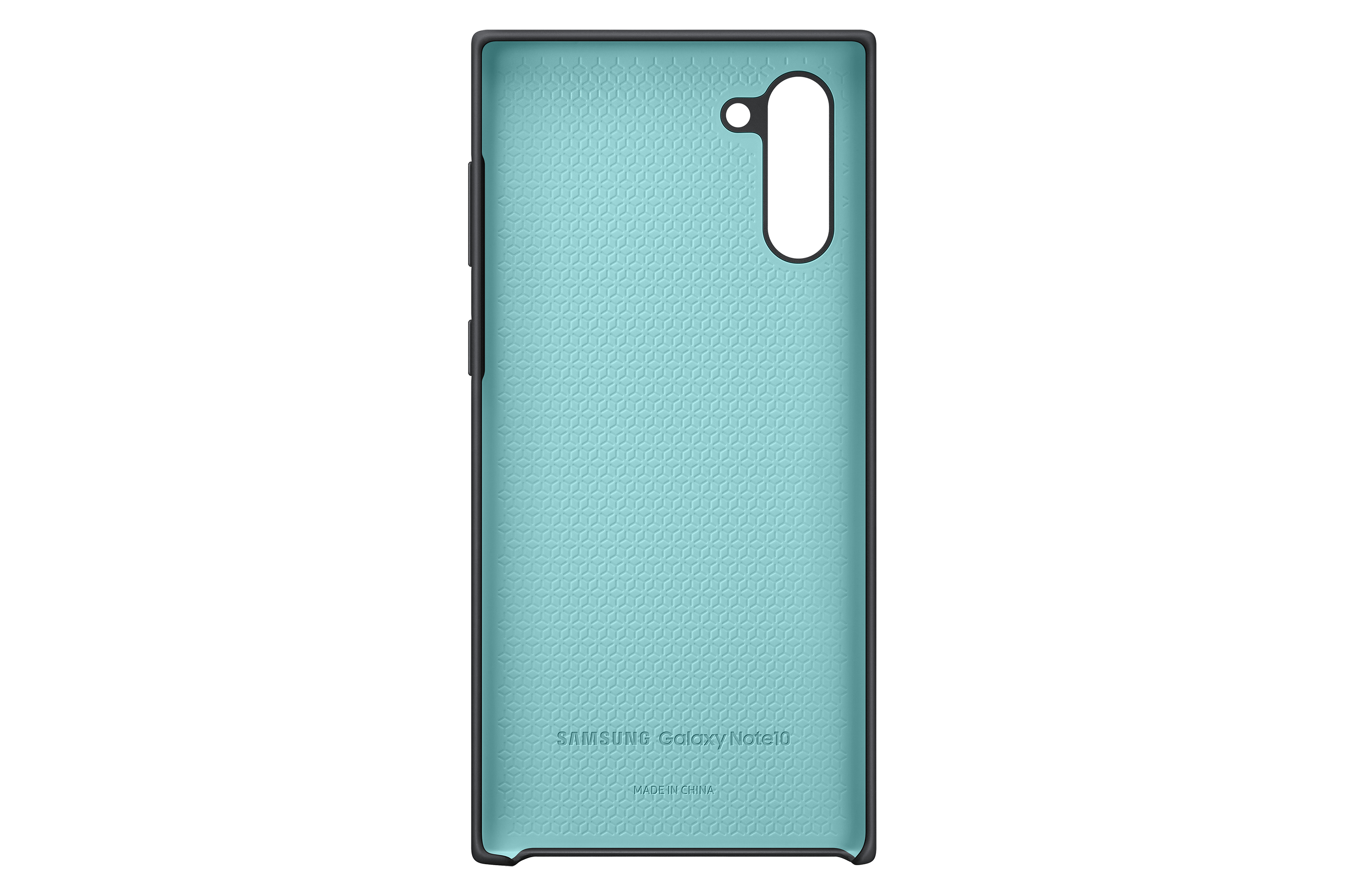 Interior de una funda de teléfono verde azulado. Tiene un patrón texturizado y la frase 'SAMSUNG Galaxy Note10'.