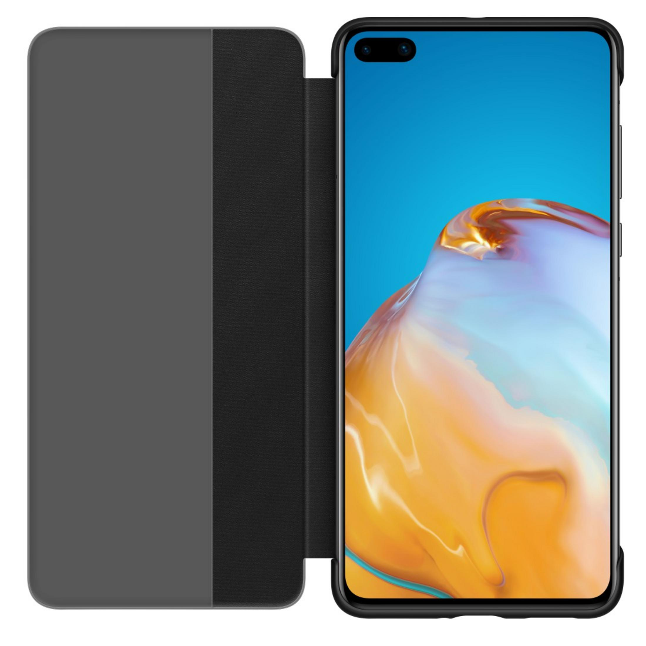 Czarne etui na telefon z telefonem. Ekran telefonu jest włączony, wyświetla kolorowy obraz.