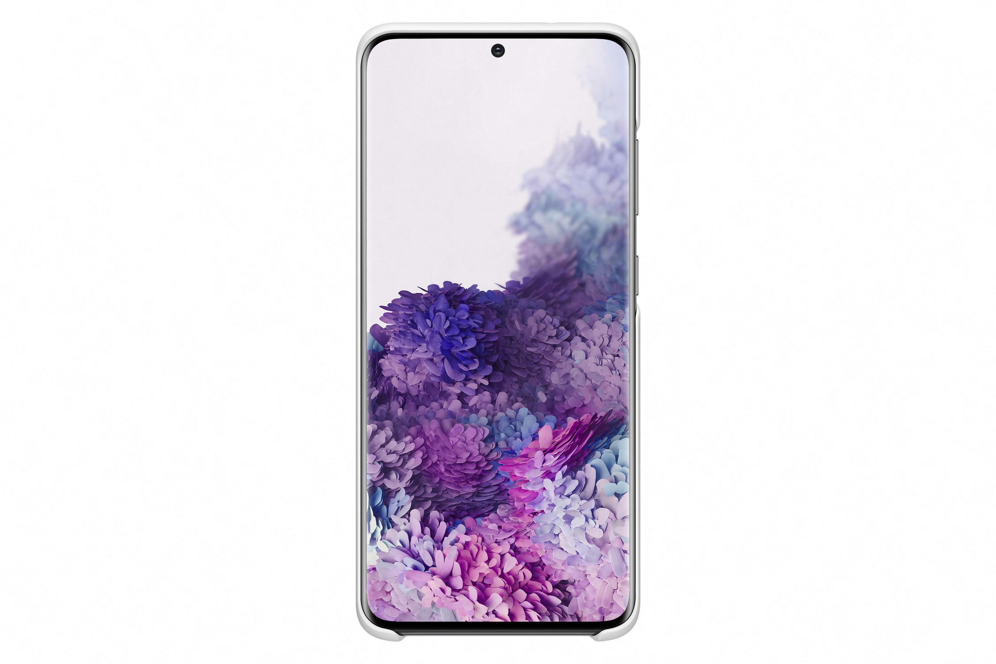 Un telefono bianco con un display floreale su sfondo bianco, vista frontale.