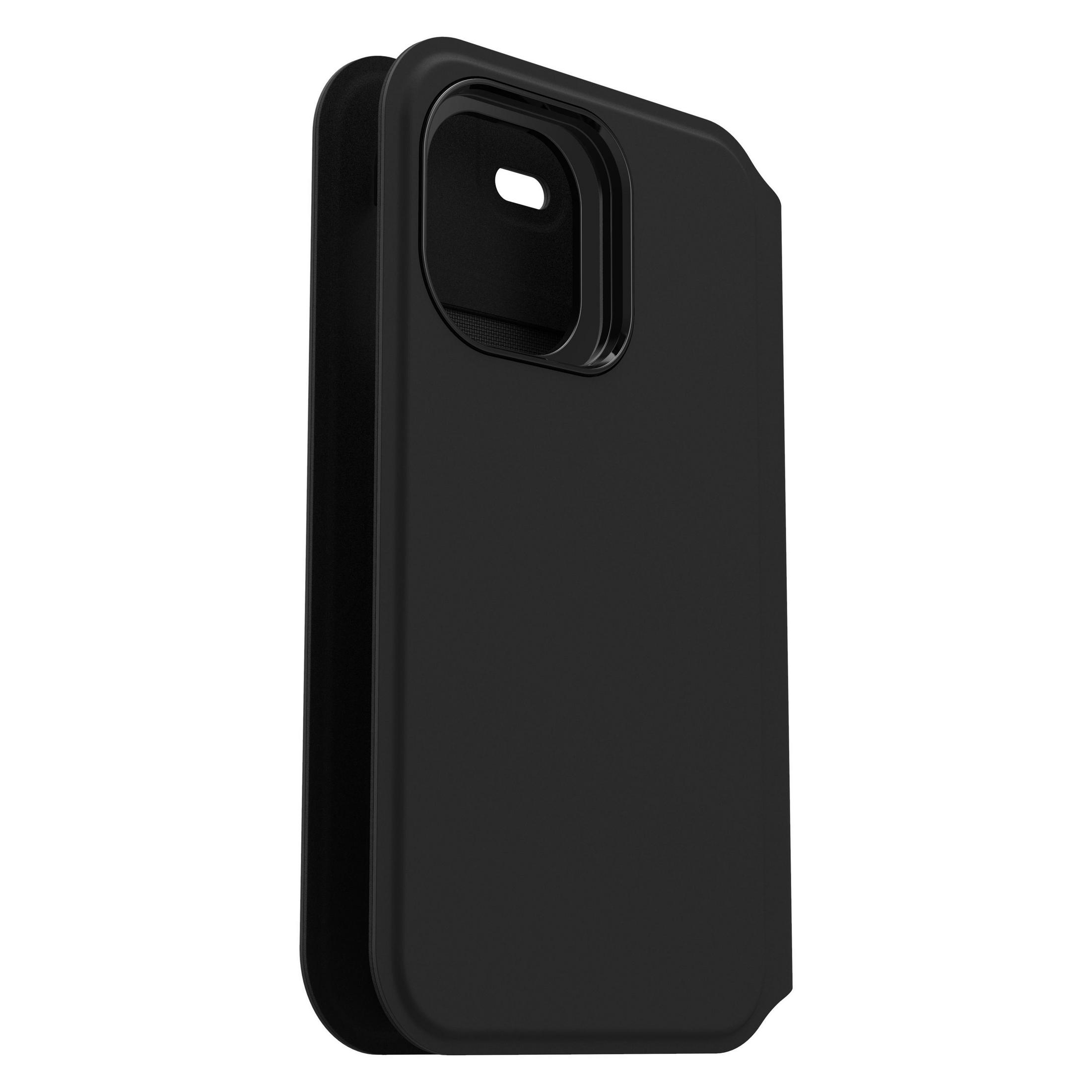 Custodia per telefono nera con ritaglio per fotocamera, aperta. La custodia è solida.