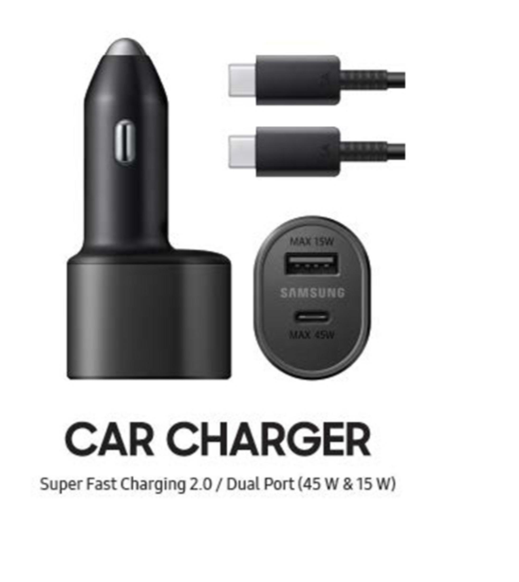 Cargador de coche negro con dos puertos USB y fondo blanco. El cargador está etiquetado con la marca Samsung.