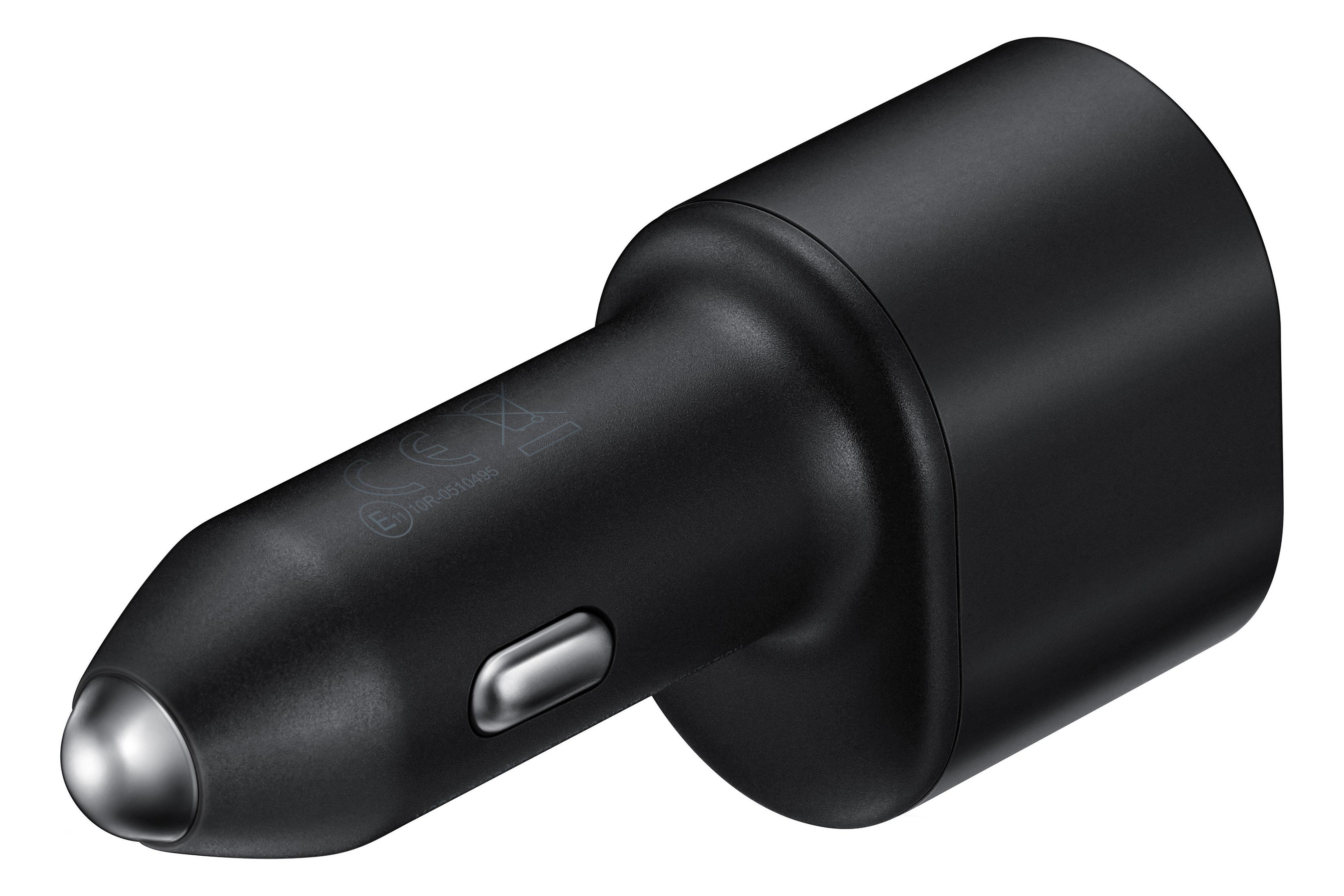 Cargador de coche negro, punta y botón plateados.