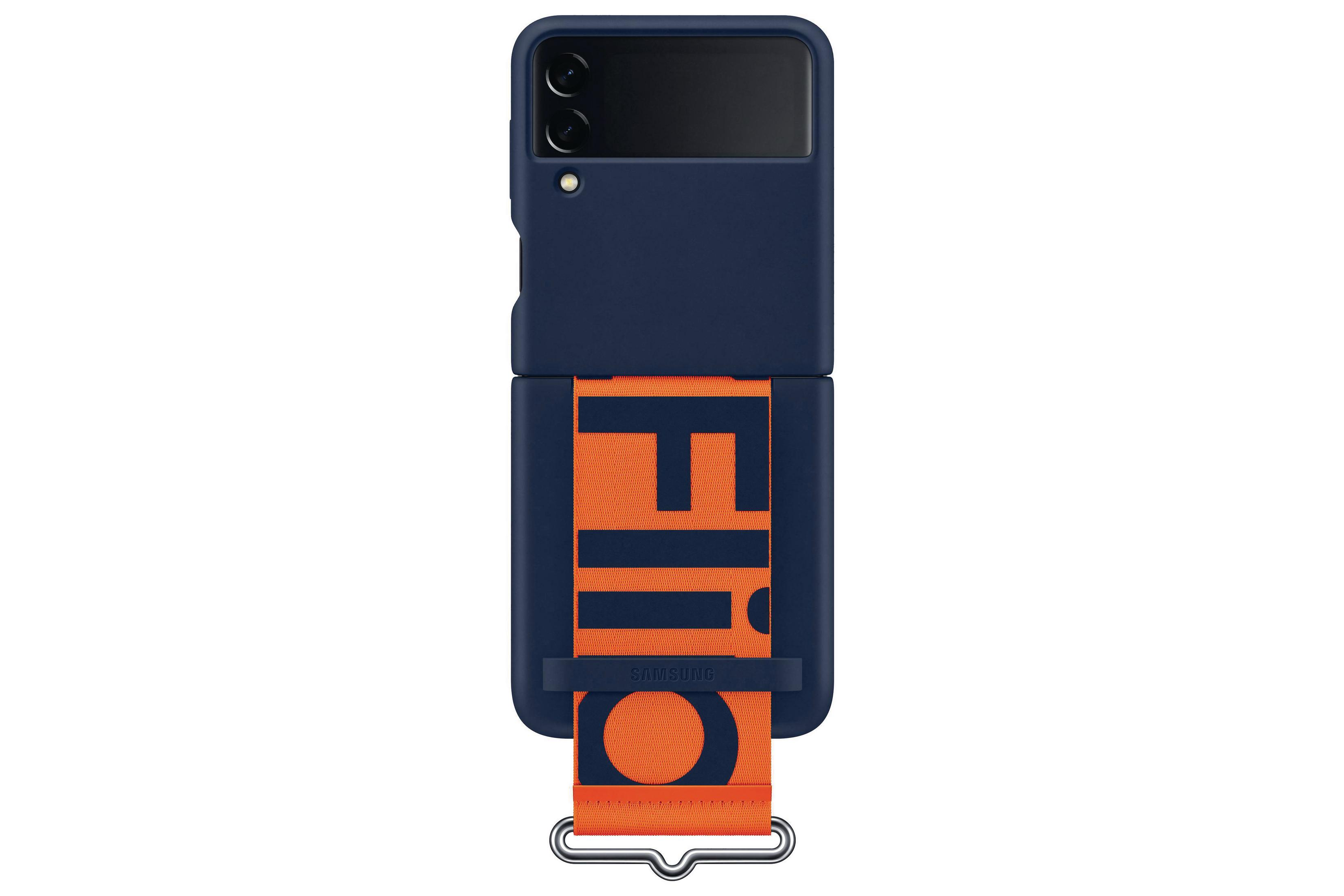 Marineblaue Handyhülle mit orangefarbenem Riemen, weißem Text und silberner Schnalle. Weißer Hintergrund.
