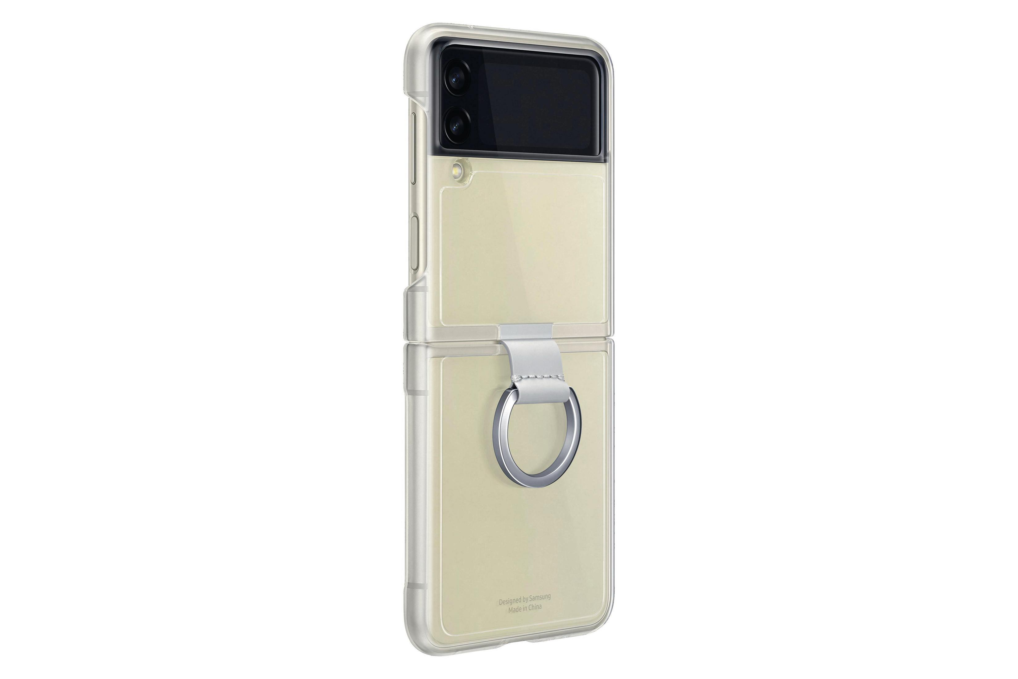 Teléfono plegable en una funda transparente con soporte de anillo.