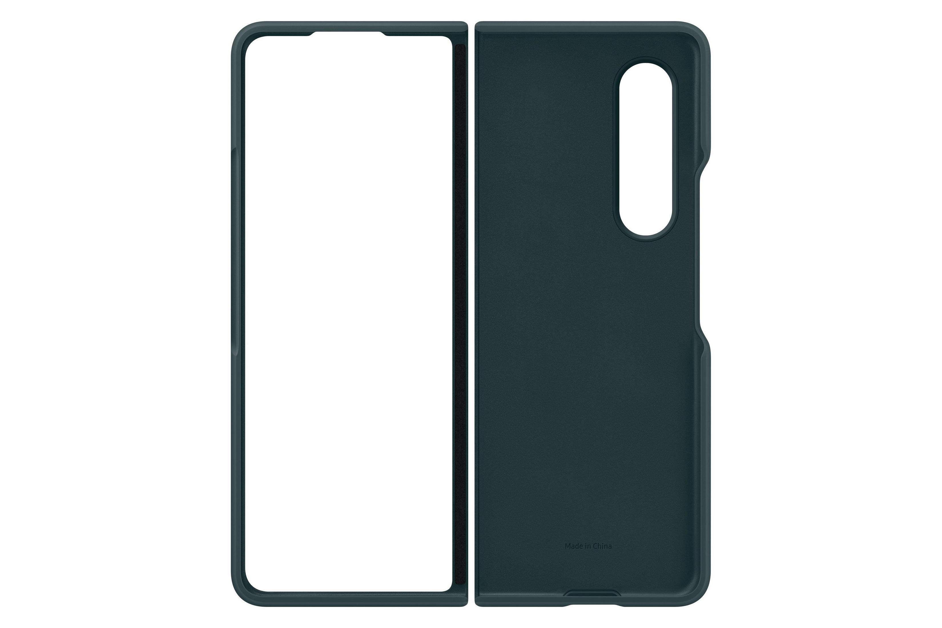 Funda de teléfono verde oscuro abierta. Izquierda muestra pantalla, derecha muestra la parte trasera.