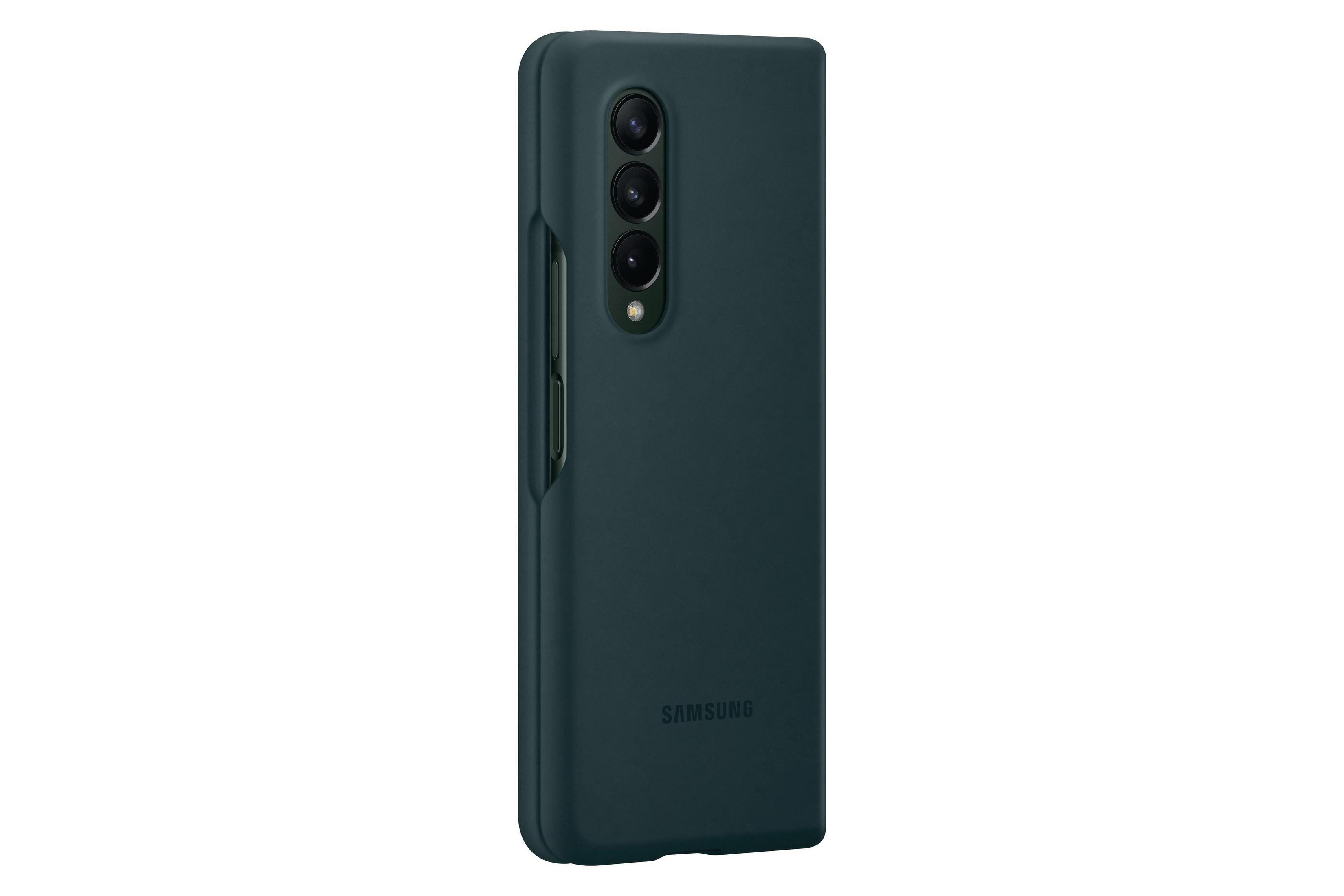 Funda de teléfono verde oscuro con logo Samsung. Cerrada y con recorte para cámara.