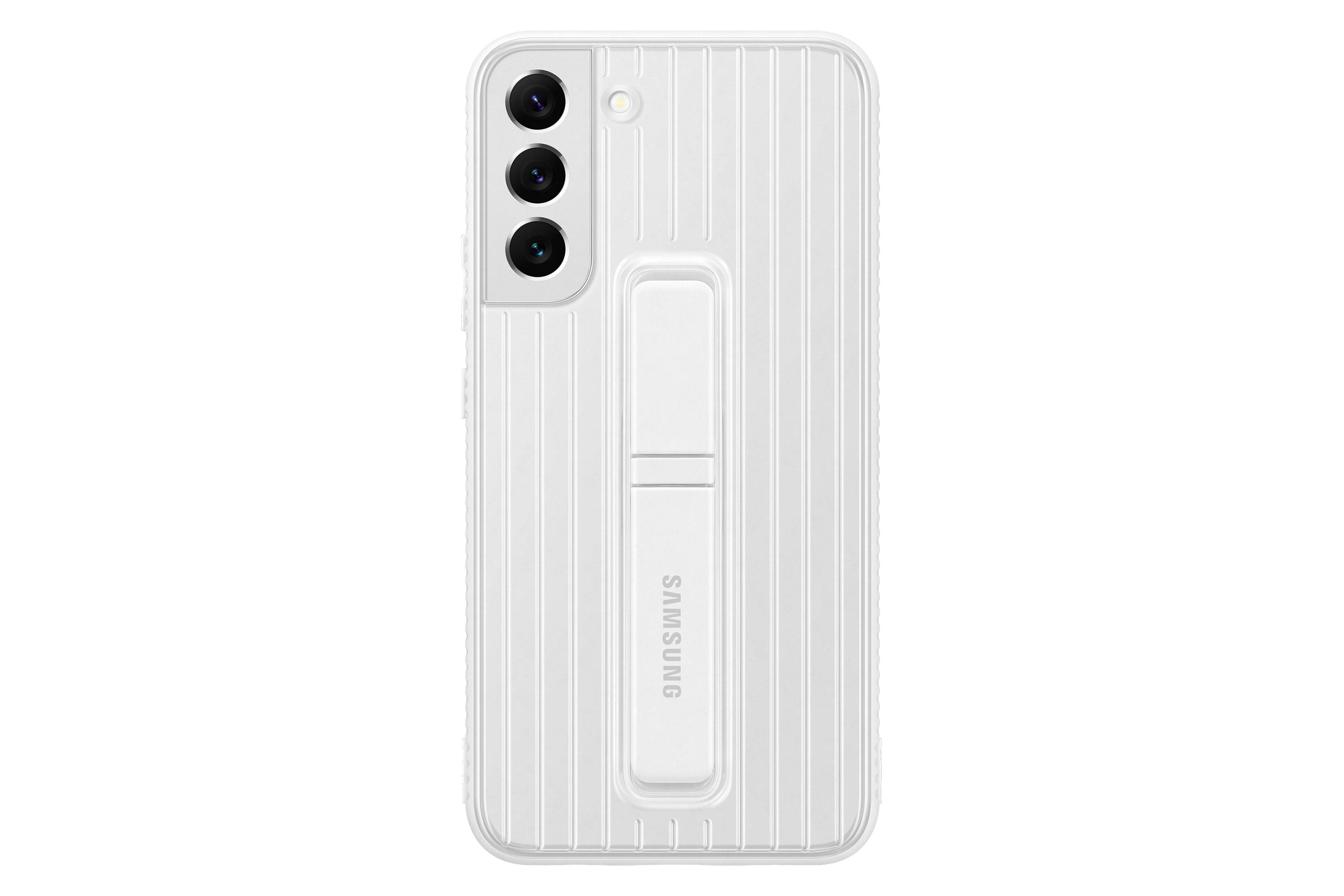 Coque de téléphone blanche avec des lignes verticales et un support. Trois caméras arrière visibles. Logo Samsung.