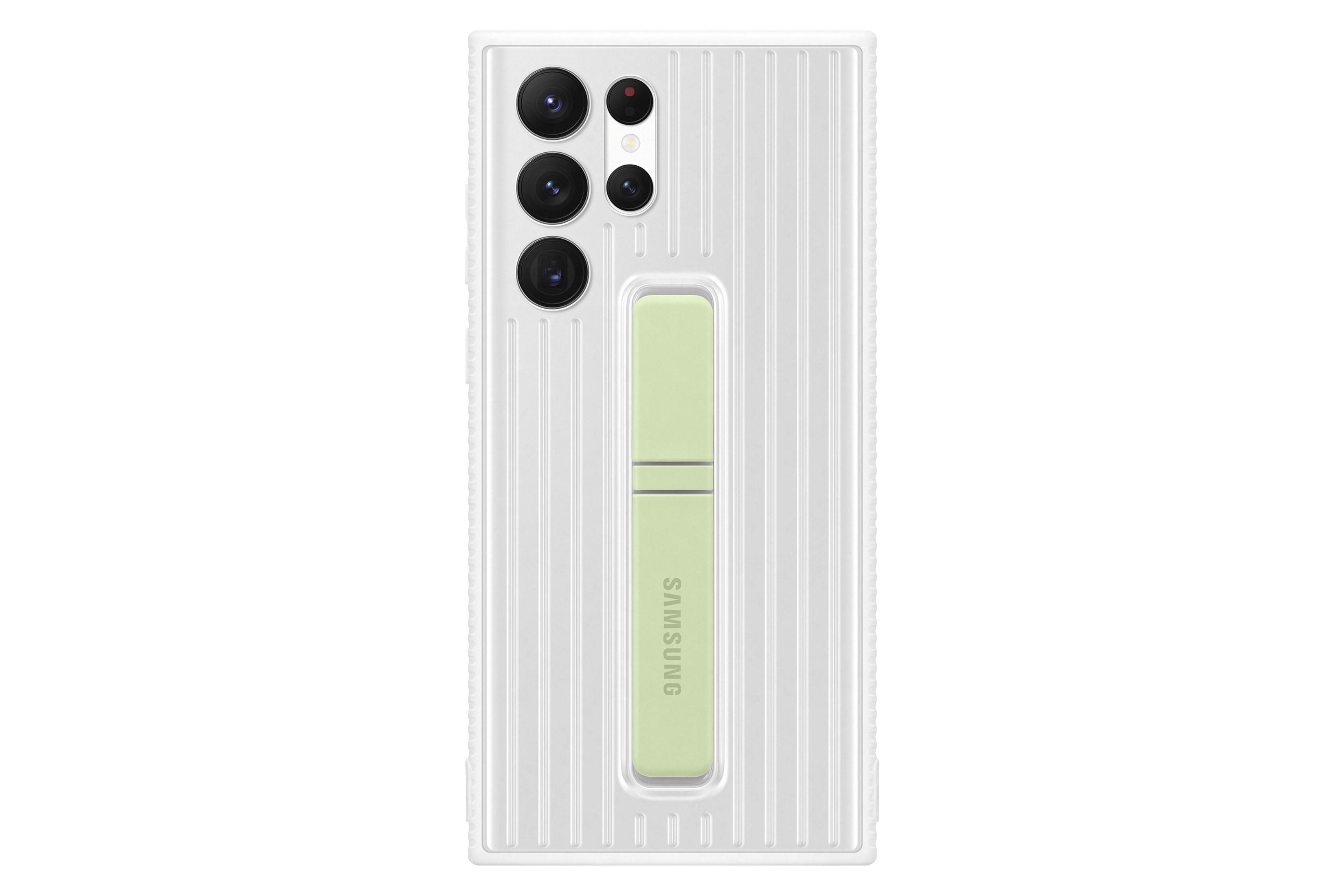 Funda de teléfono blanca con soporte. Logotipo SAMSUNG. Fondo blanco.