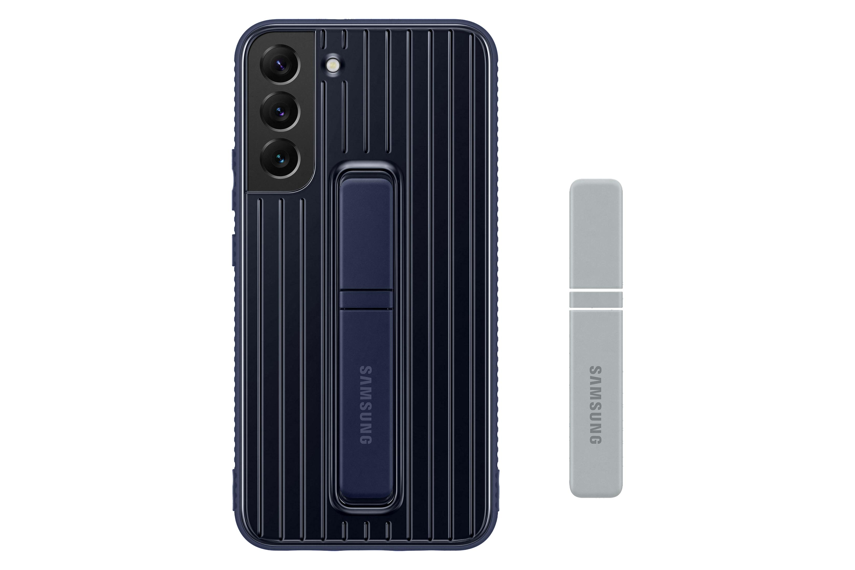 Una custodia per telefono blu navy con un supporto e un componente di supporto separato.