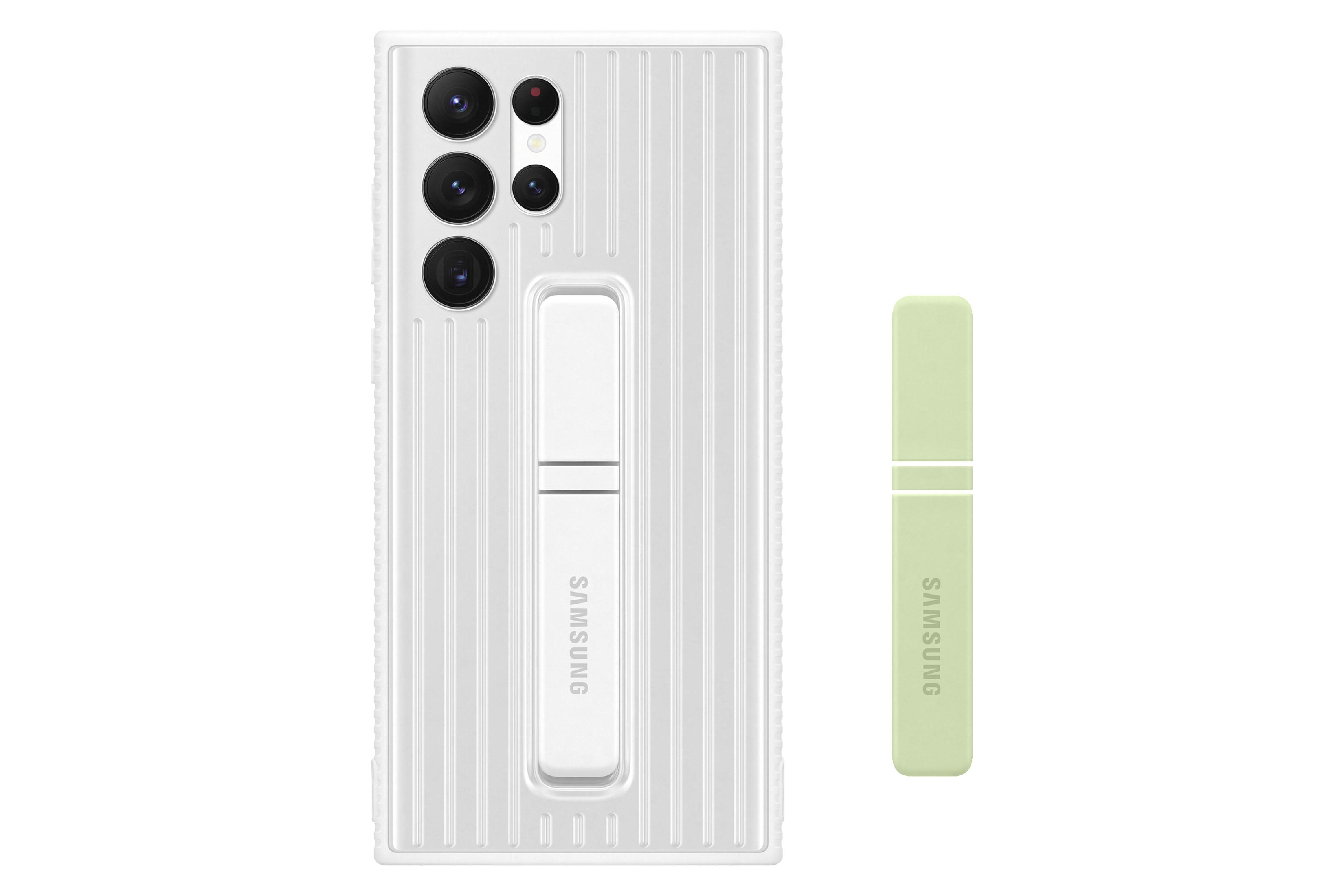 Funda de teléfono blanca con soporte integrado y un lápiz óptico verde a juego.