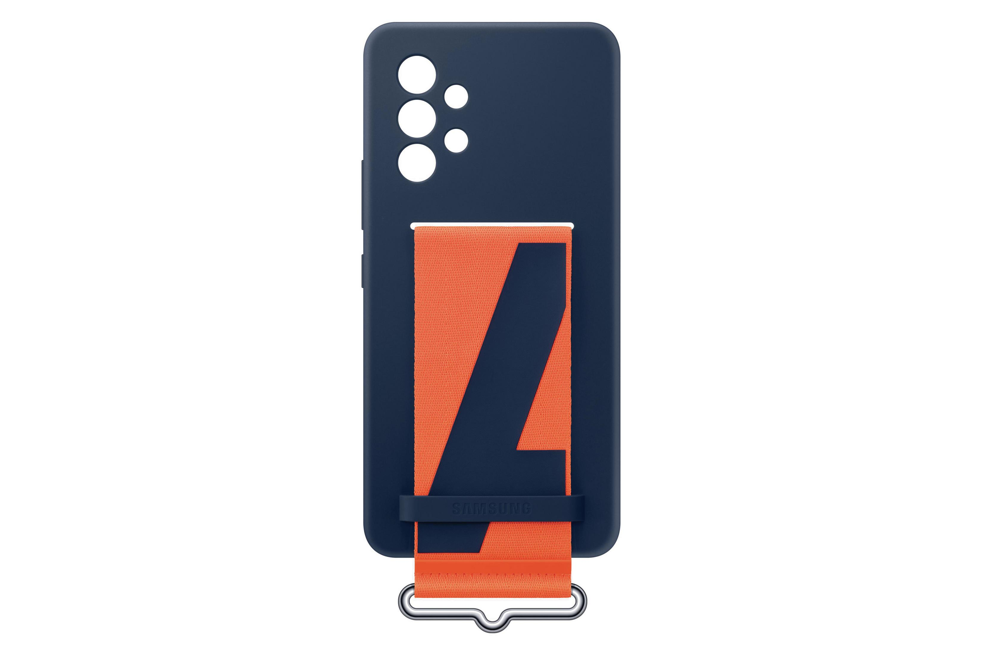 Blaue Handyhülle mit orangefarbenem Riemen und Samsung-Logo. Weißer Hintergrund.