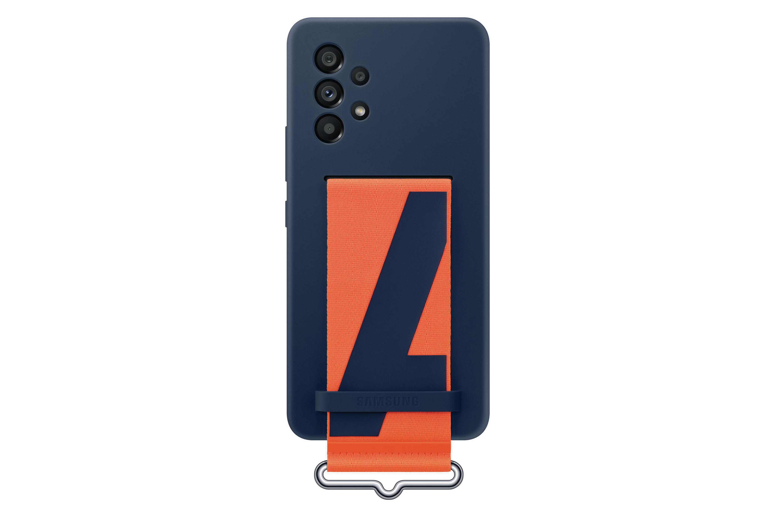 Blaues Telefon mit orangefarbenem Riemen. Der Riemen hat einen schwarzen vertikalen Streifen und einen silbernen Verschluss.