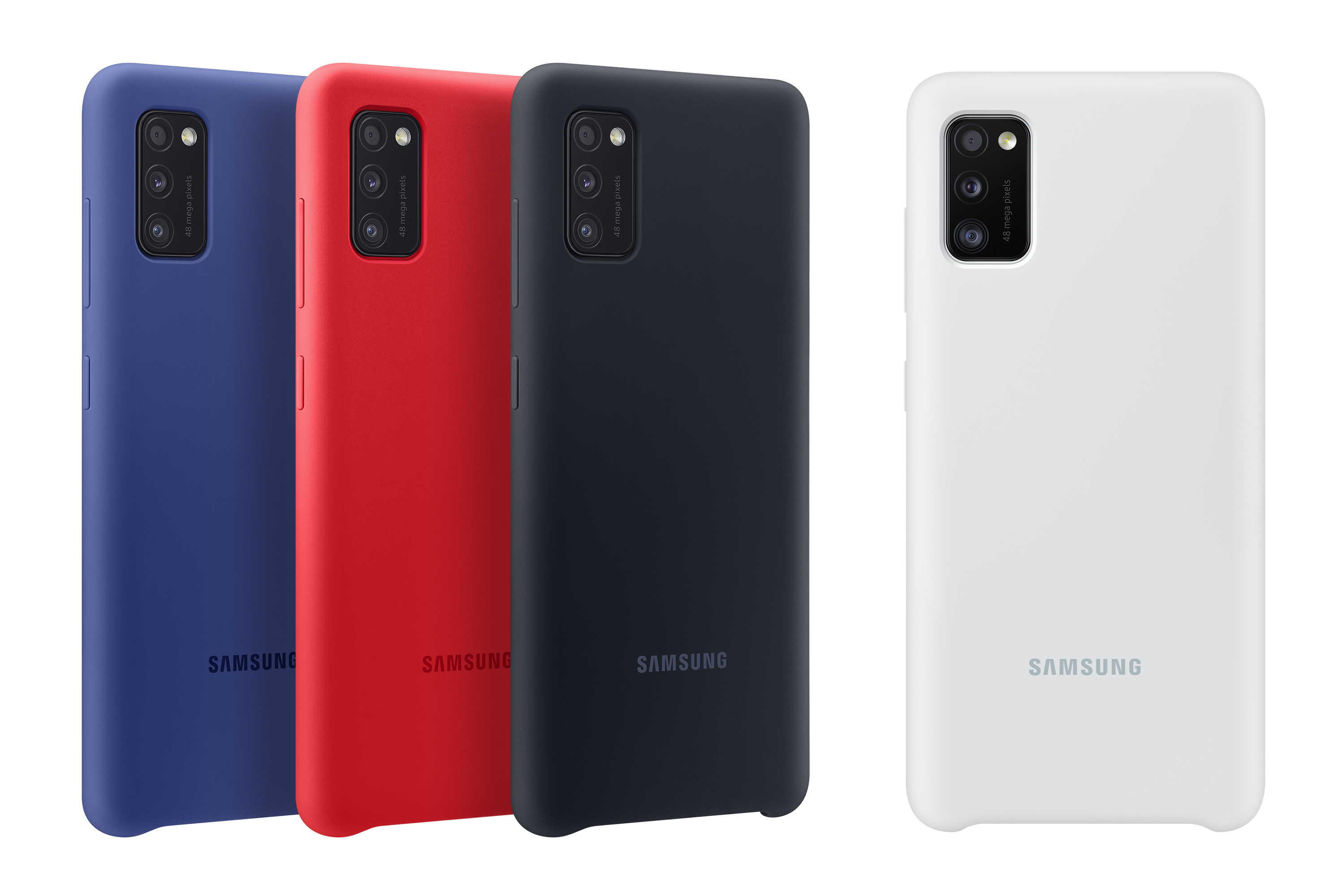 Vier gekleurde telefoonhoesjes: blauw, rood, zwart en wit. Ze zijn voor Samsung telefoons.