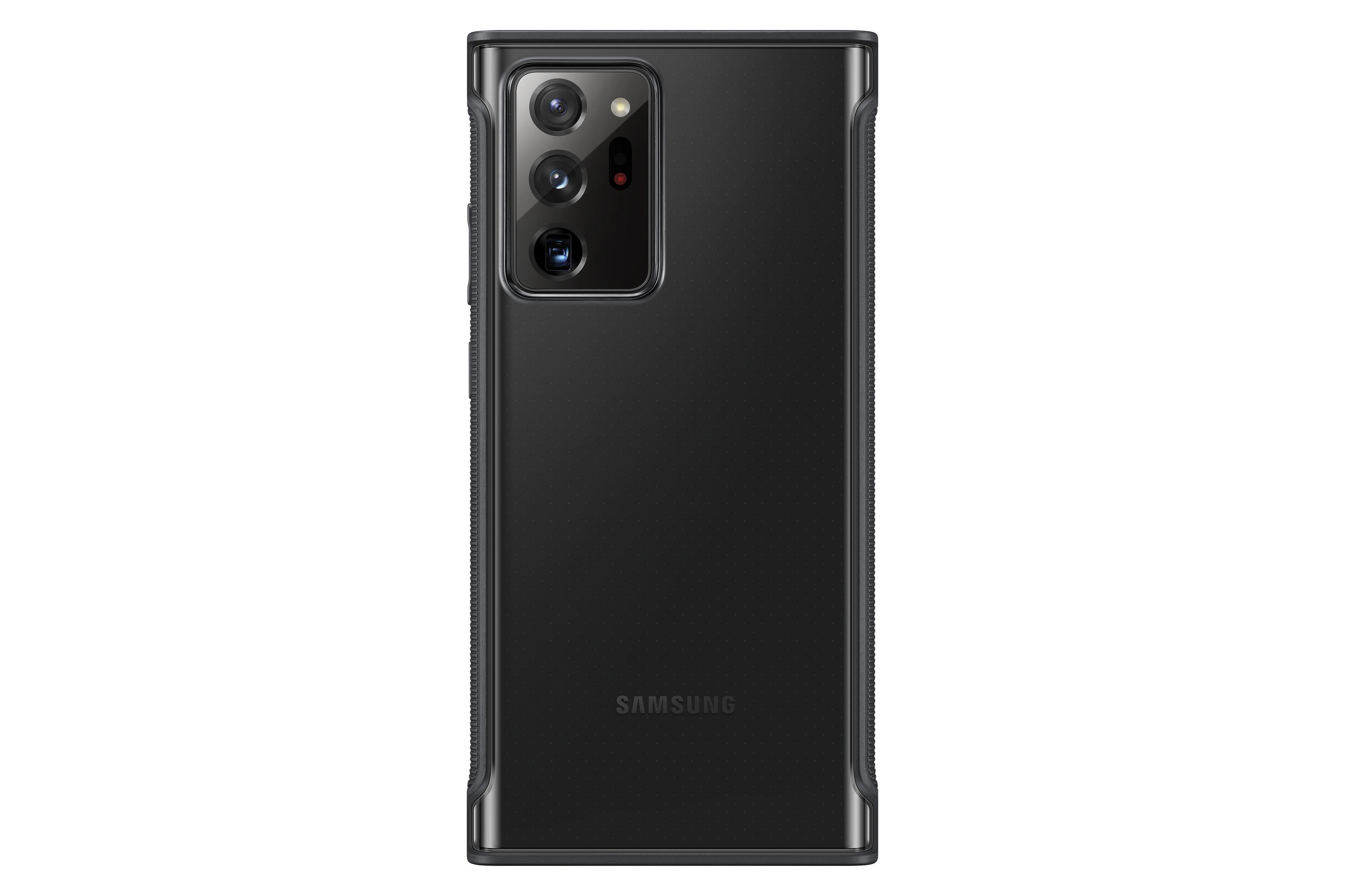 Custodia nera per telefono con tripla fotocamera. Logo Samsung in basso.