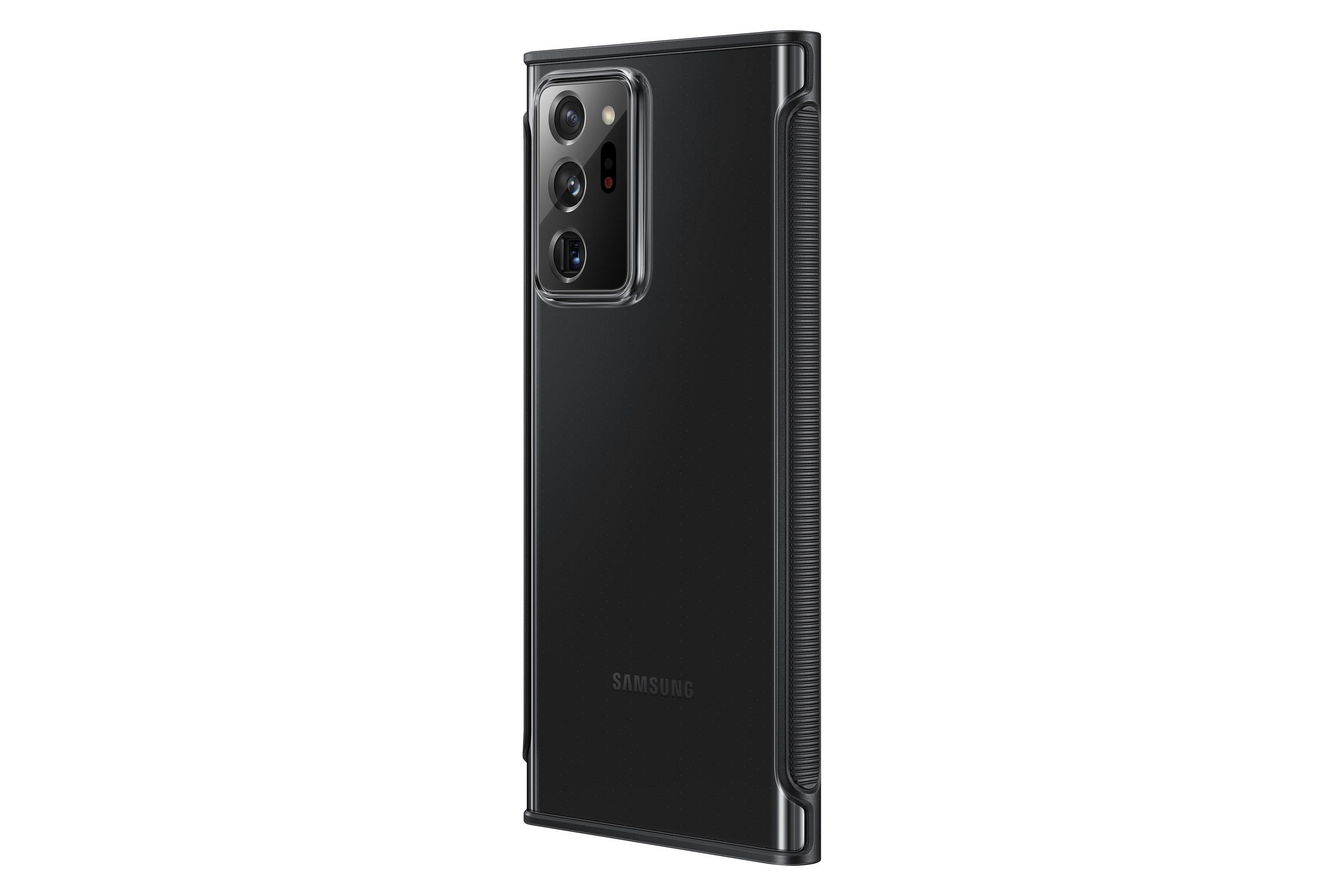 Una custodia nera per telefono. Un telefono Samsung all'interno. Il coperchio posteriore è visibile.