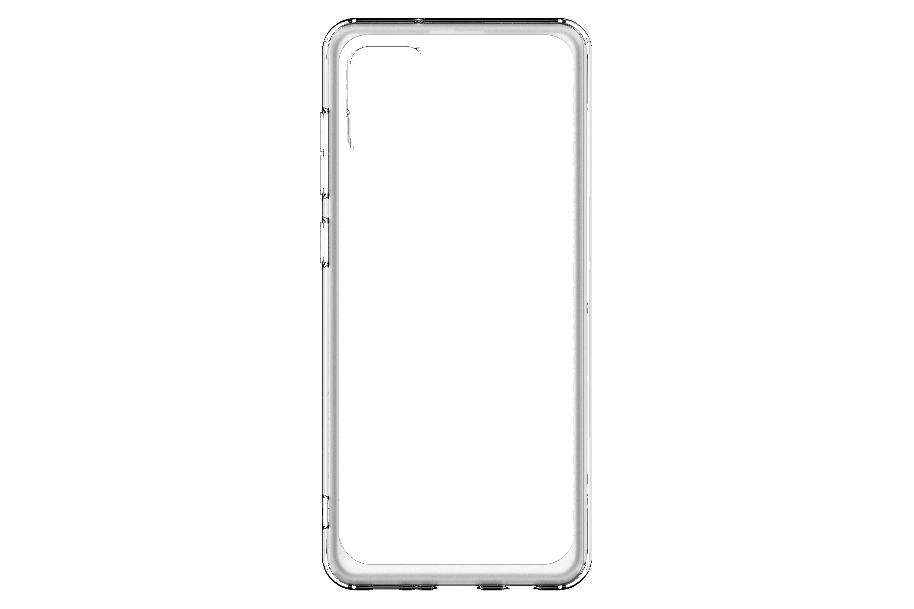 Funda transparente para teléfono, forma rectangular, con recortes para botones y cámara.