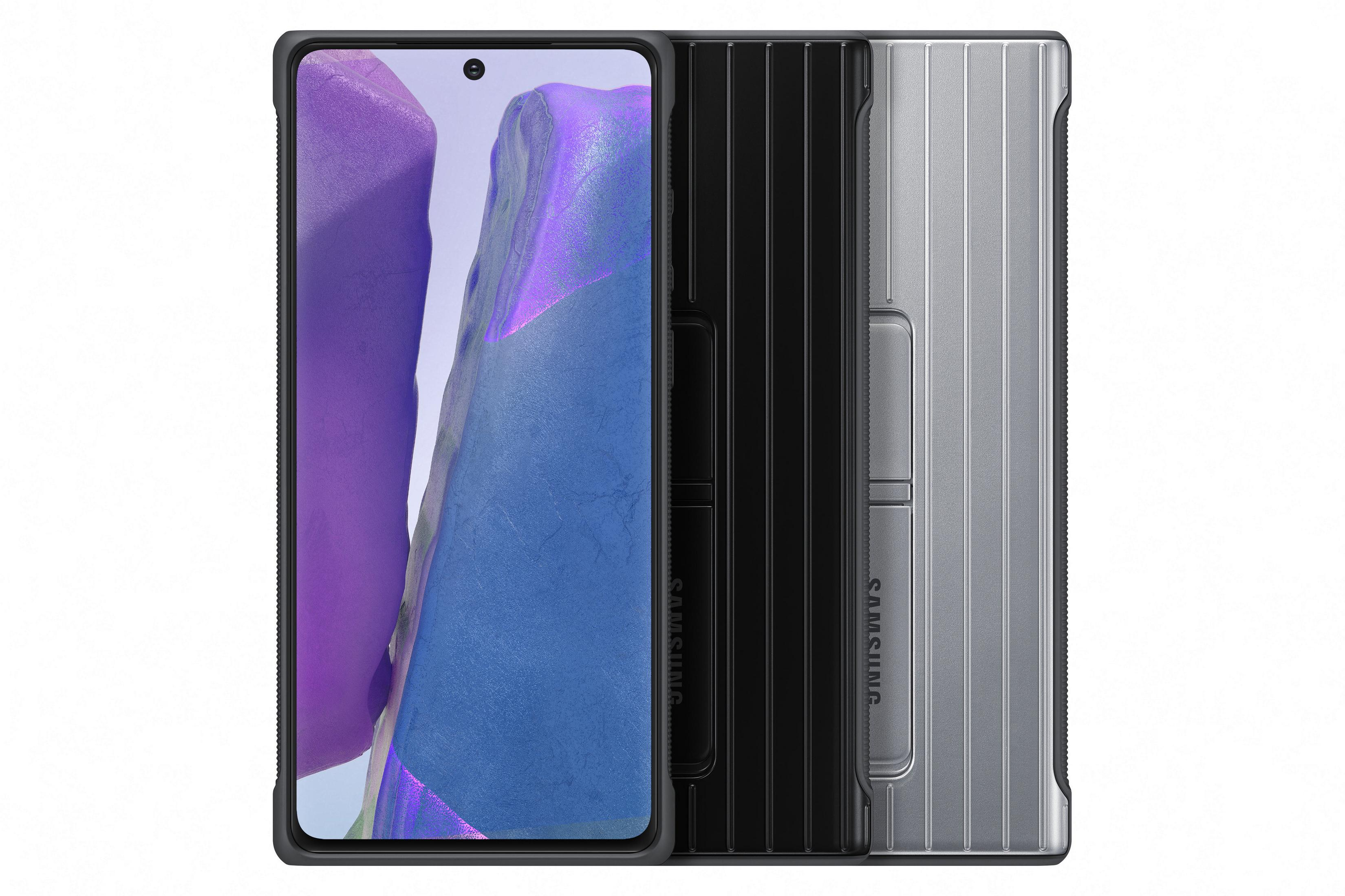 Samsung Galaxy Telefon in einer Hülle. Telefon zeigt ein farbenfrohes Bild. Hülle hat eine graue, geriffelte Rückseite.