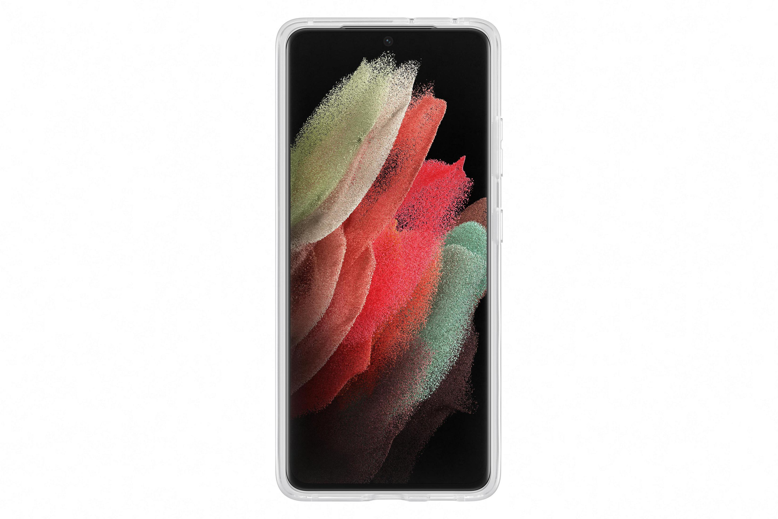 Smartphone con sfondo astratto colorato su superficie bianca.