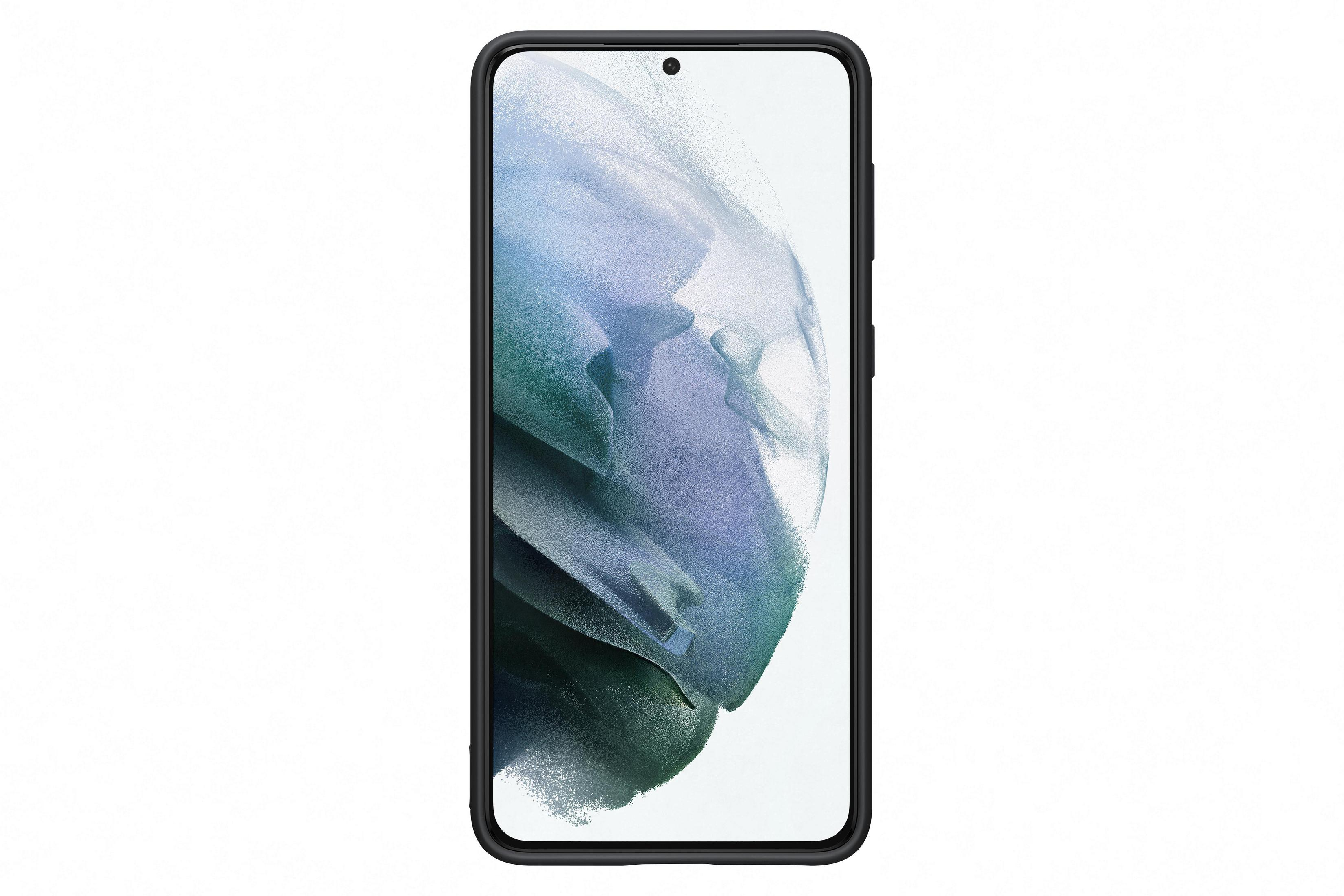 Un teléfono inteligente con marco negro, que muestra una pantalla con un fondo borroso y abstracto.