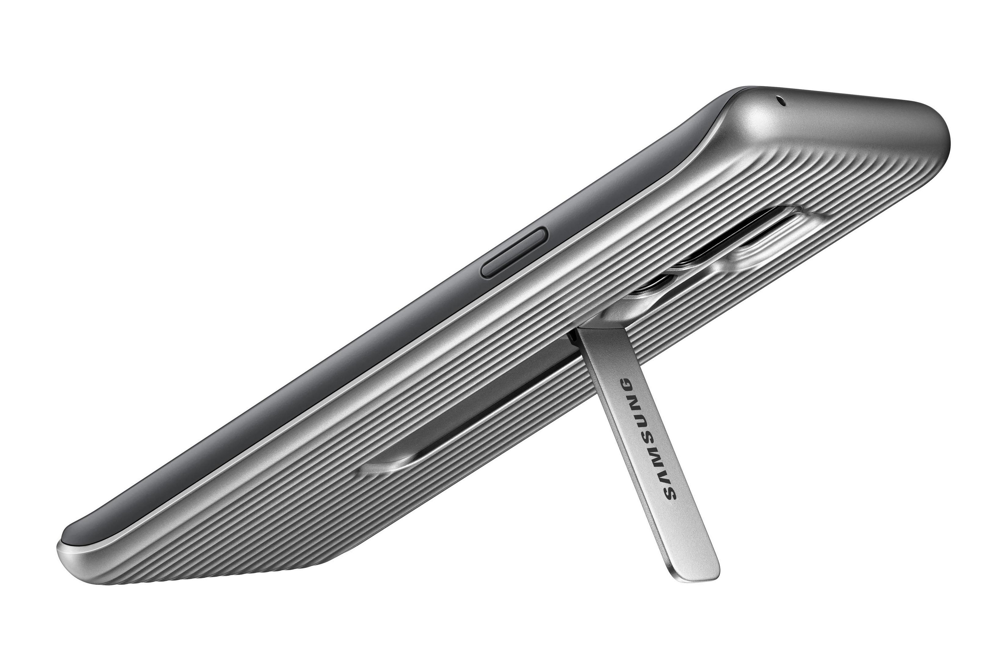 Silberne Handyhülle mit Ständer. Seitenansicht, weißer Hintergrund. Samsung-Logo.