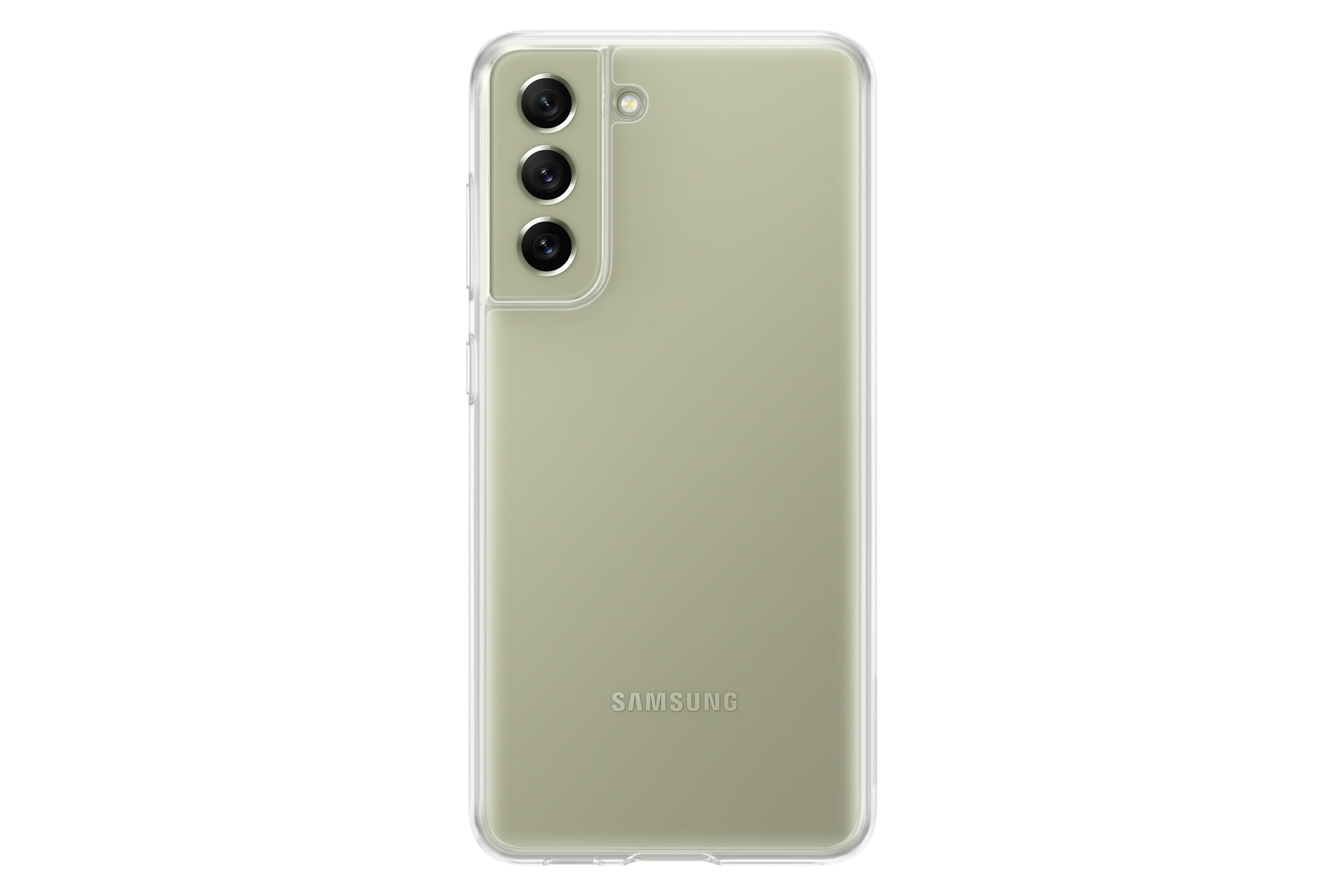 Un teléfono Samsung verde claro con tres cámaras traseras, en una funda transparente.