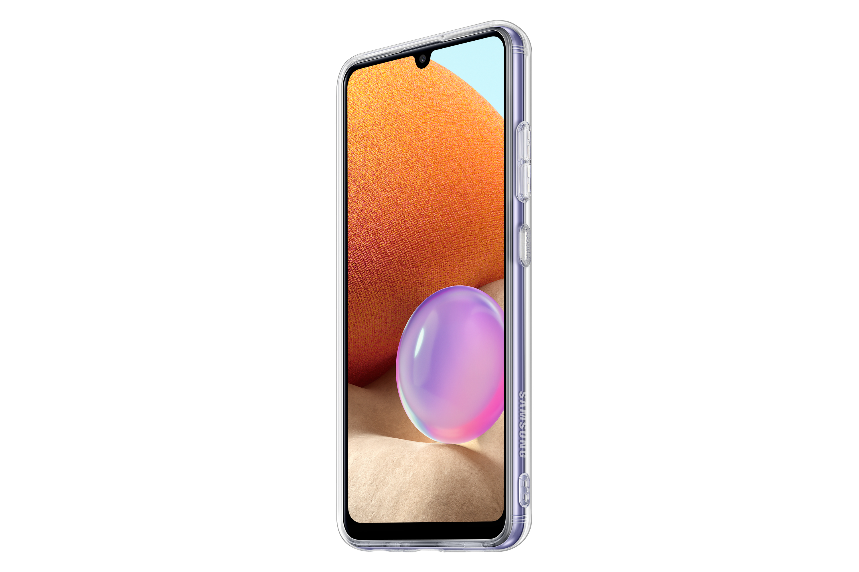 Ein Samsung Galaxy A32 Smartphone mit transparentem Case, das seinen orangefarbenen Bildschirm zeigt.