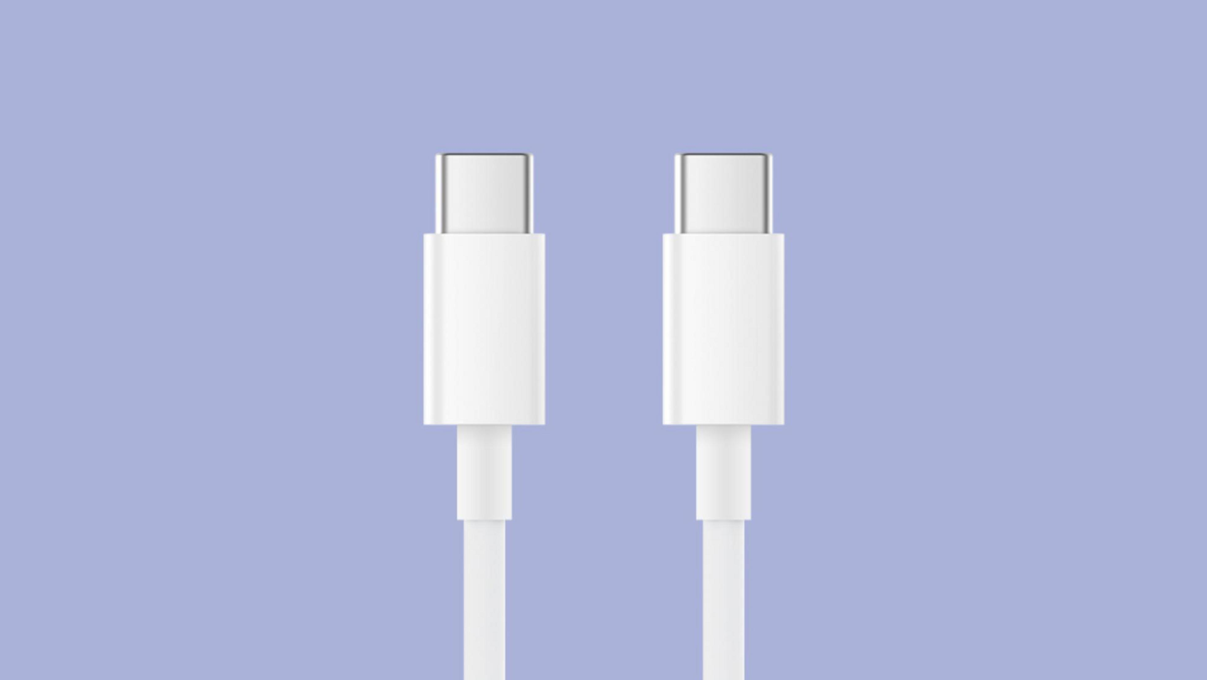 Zwei weiße USB-C-Kabel, nebeneinander, auf helllila Hintergrund.