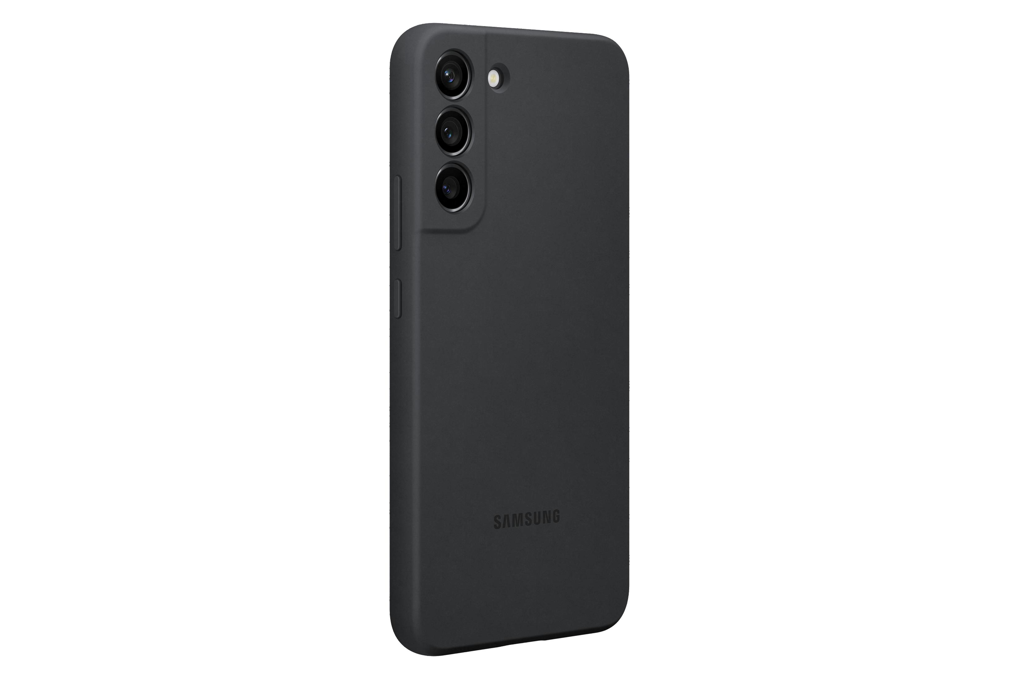 Parte trasera de smartphone negro con tres cámaras y logo Samsung. Fondo limpio.