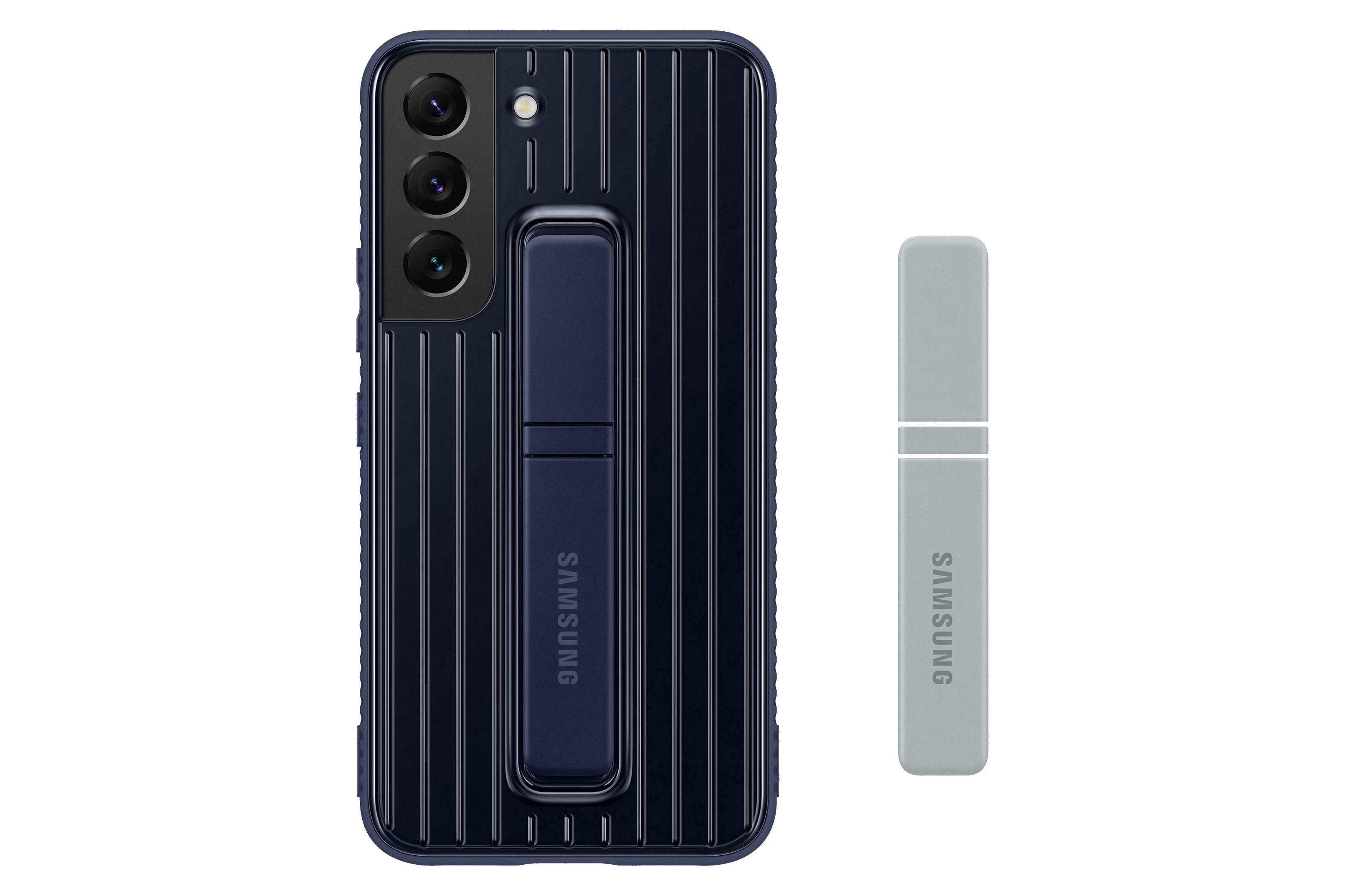 Navyblaue Handyhülle mit Ständer und grauer Stift. Weißer Hintergrund.