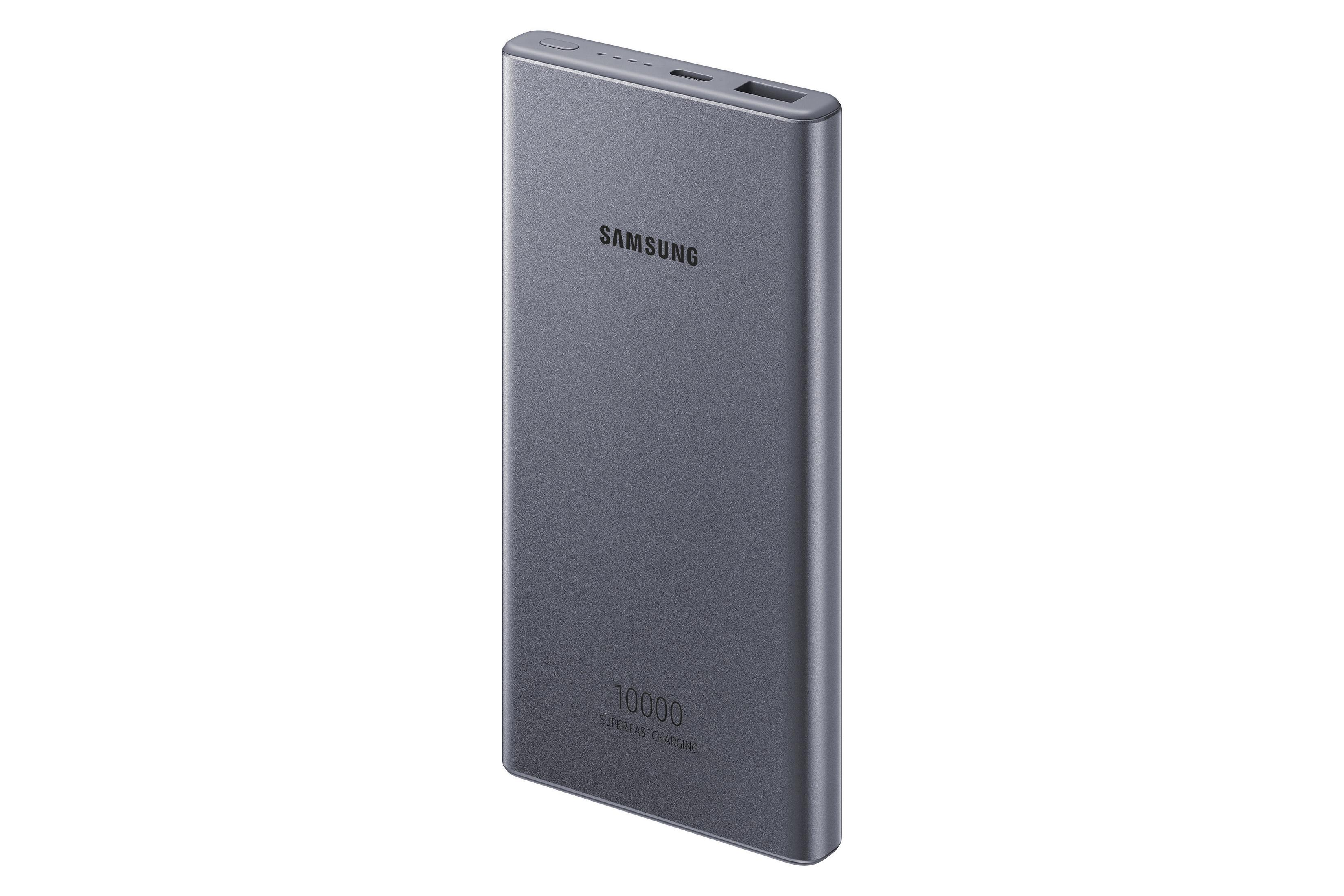 Batterie externe Samsung 10000 Super Fast Charging grise. Texte et logo visibles. Fond blanc.
