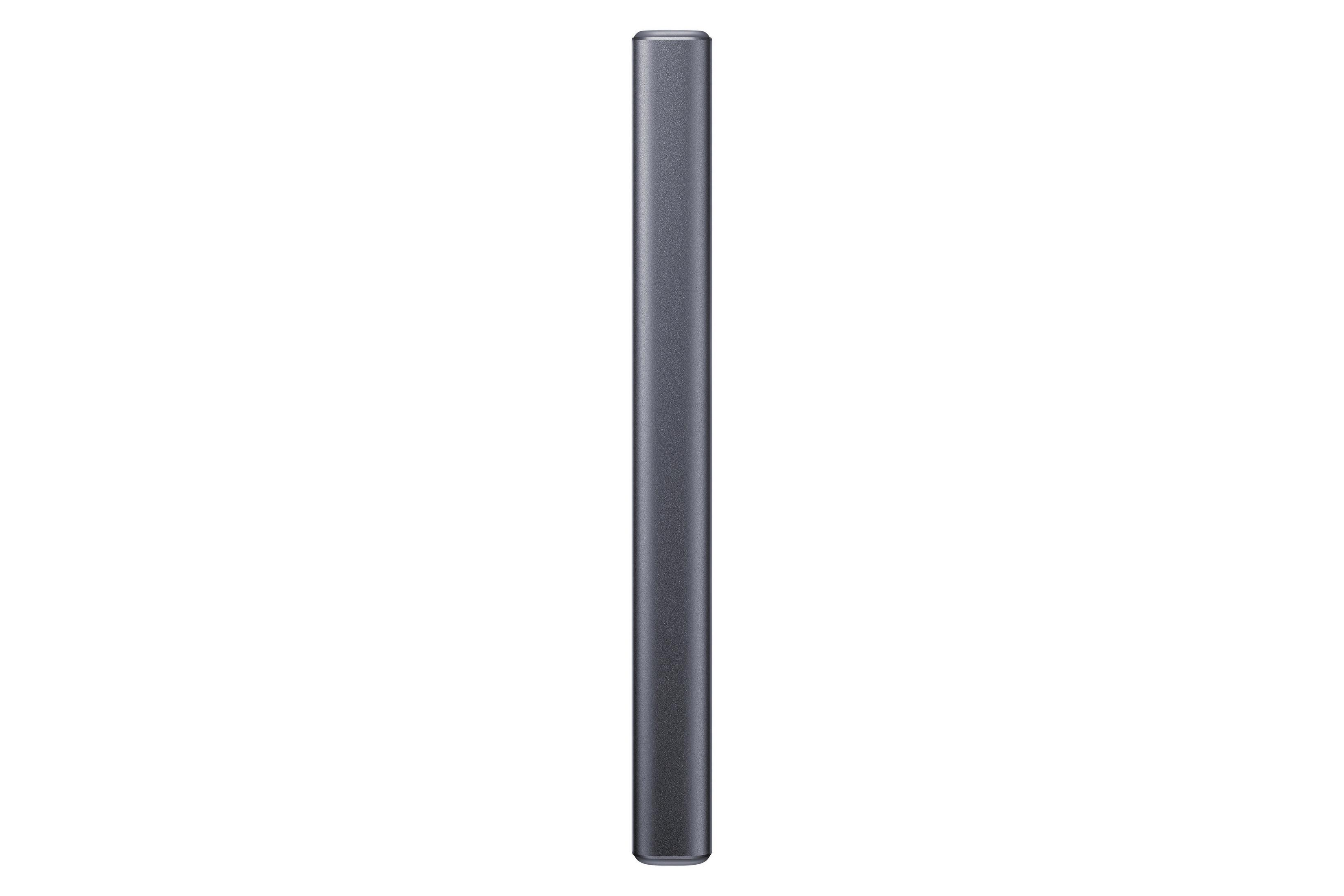 Un disque dur externe cylindrique gris foncé sur fond blanc.