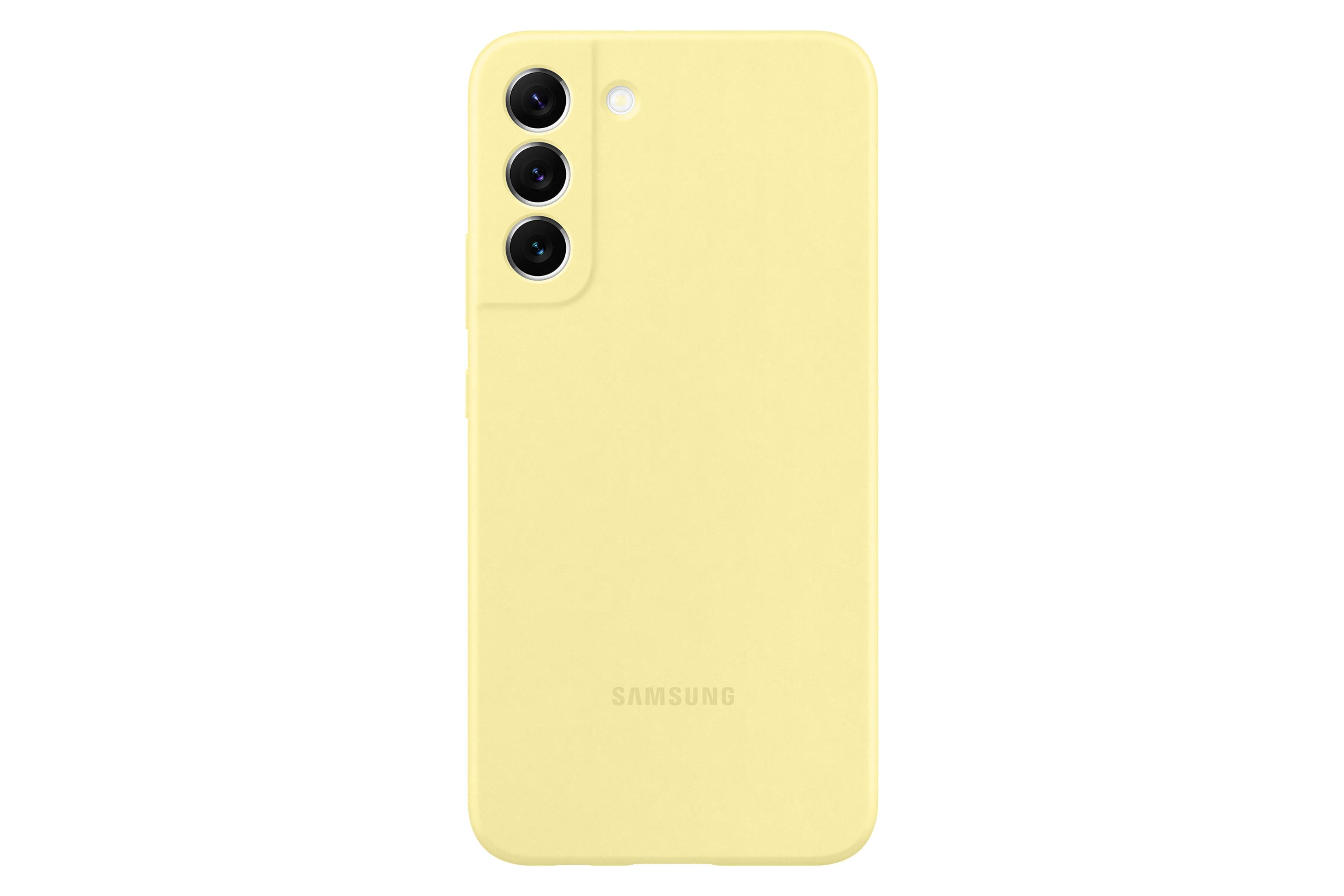 Gelbe Handyhülle mit drei Rückkameras, Samsung-Logo. Weißer Hintergrund.