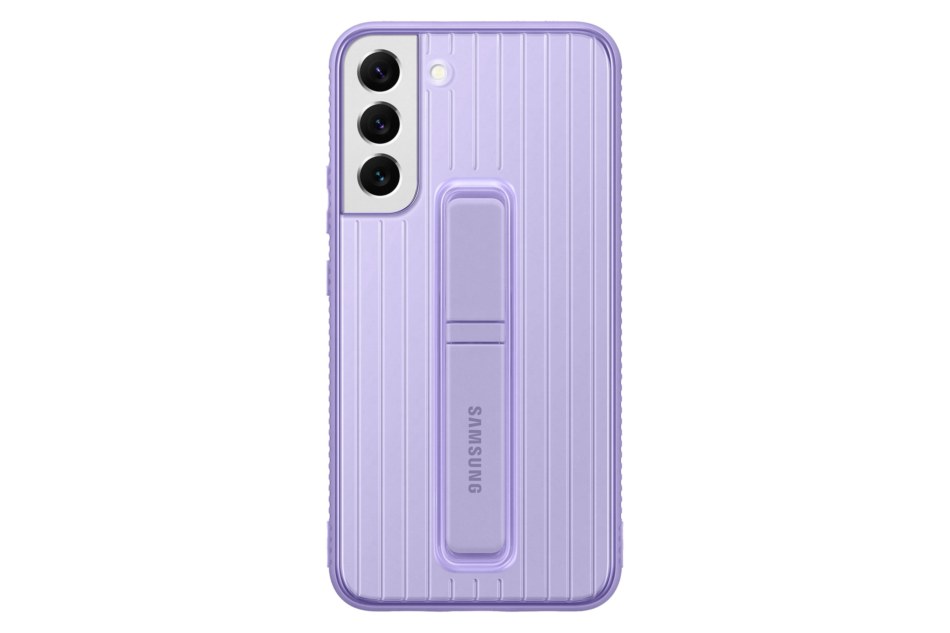 Una custodia per telefono color lavanda con supporto. Un telefono Samsung all'interno. Il coperchio posteriore è visibile.