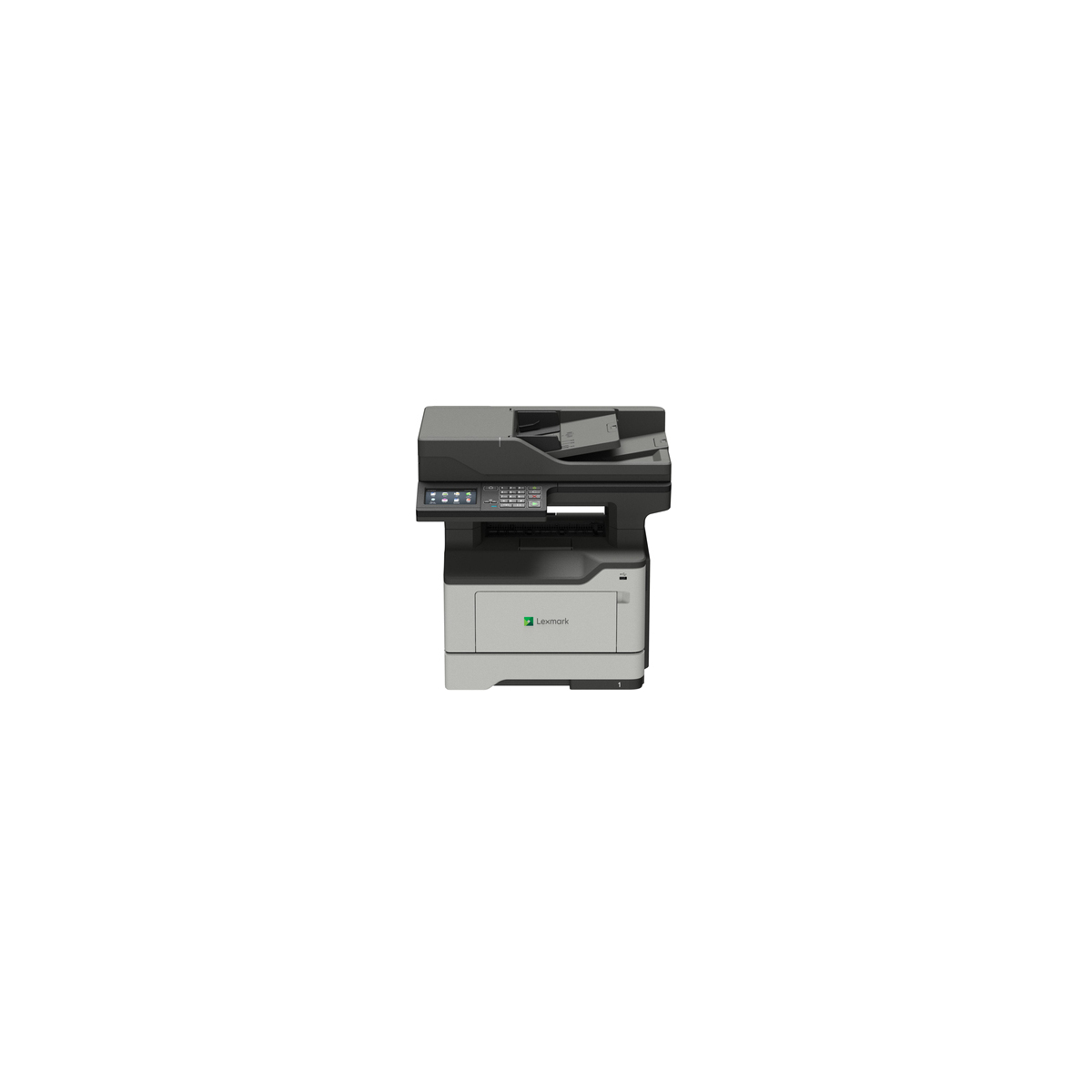 Una stampante Lexmark su sfondo bianco. È una stampante multifunzione con un design nero e grigio.