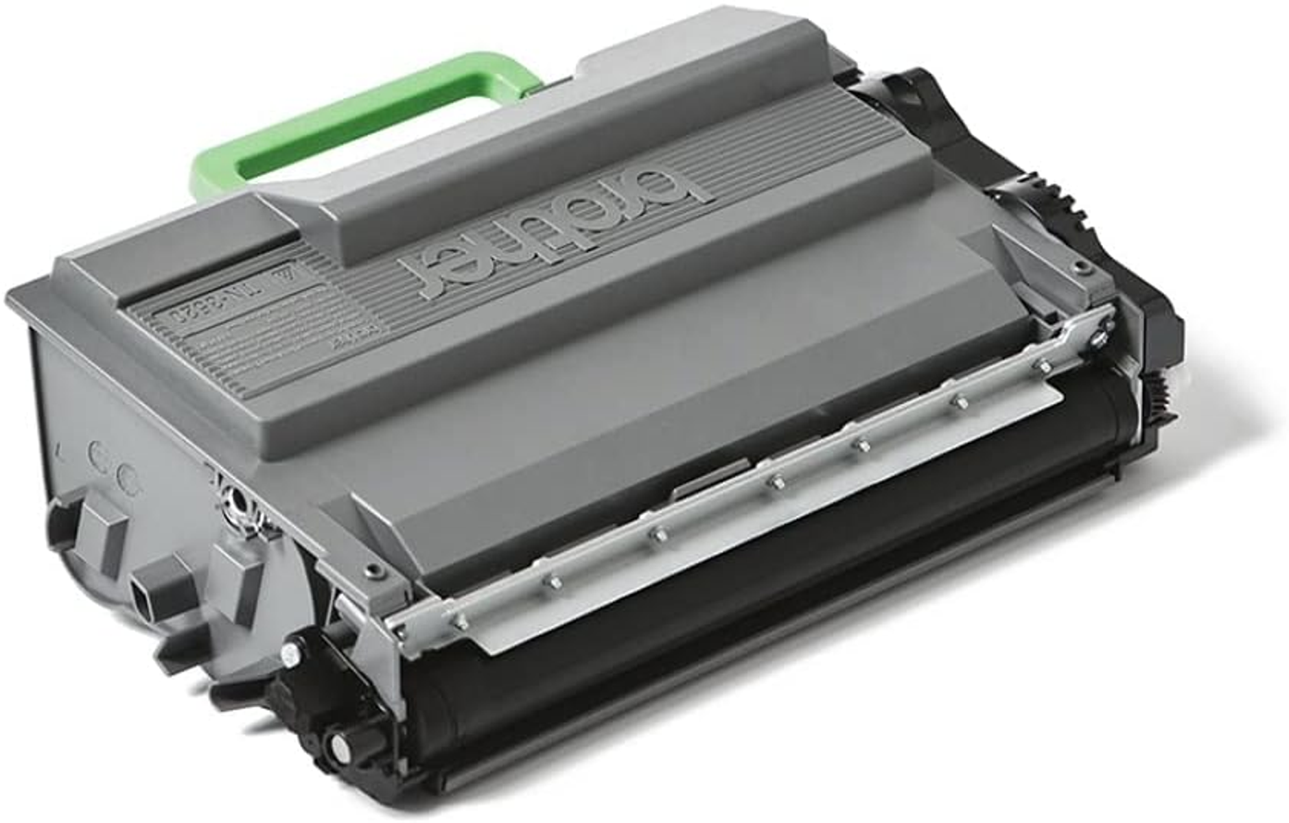 Cartuccia toner Brother grigia con manico verde su superficie bianca.