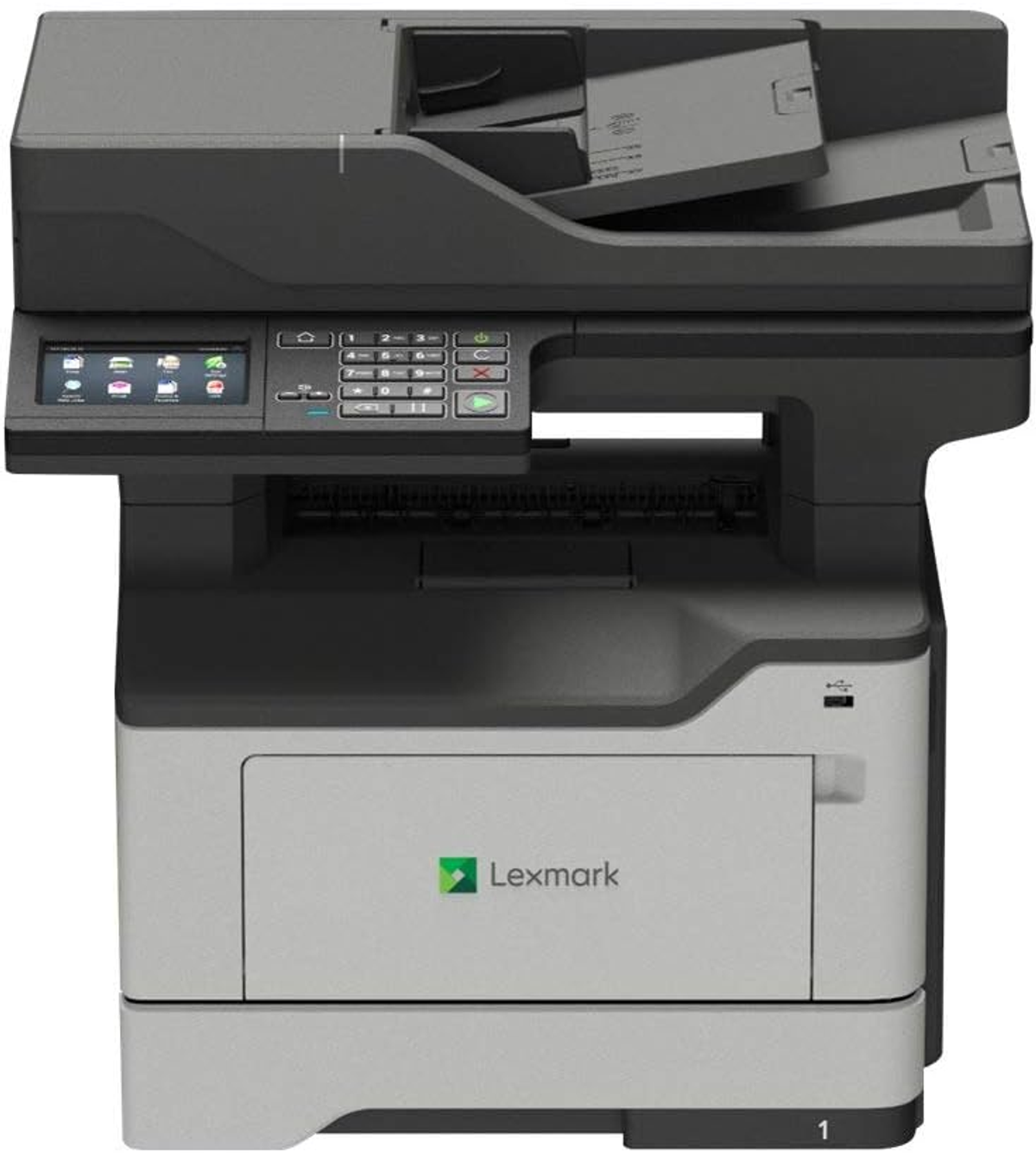Stampante multifunzione Lexmark con touch screen, tastierino numerico e vassoio carta.