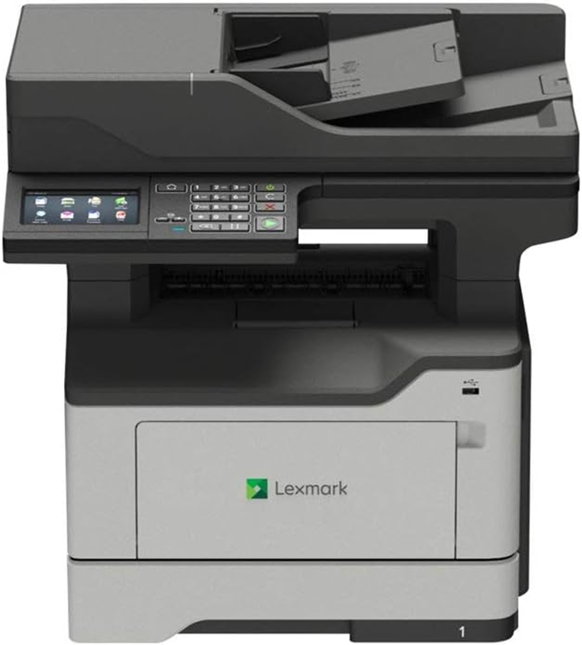 Stampante multifunzione in bianco e nero con display, pulsanti e uscita carta.
