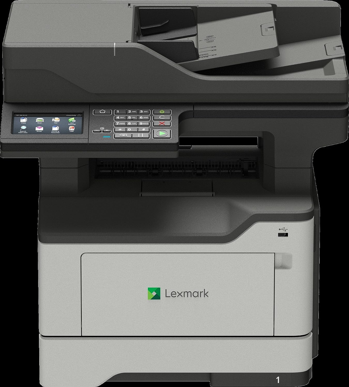 Una stampante Lexmark, grigia e nera, con un logo Lexmark, su sfondo nero. Un numero 1 è nell'angolo.