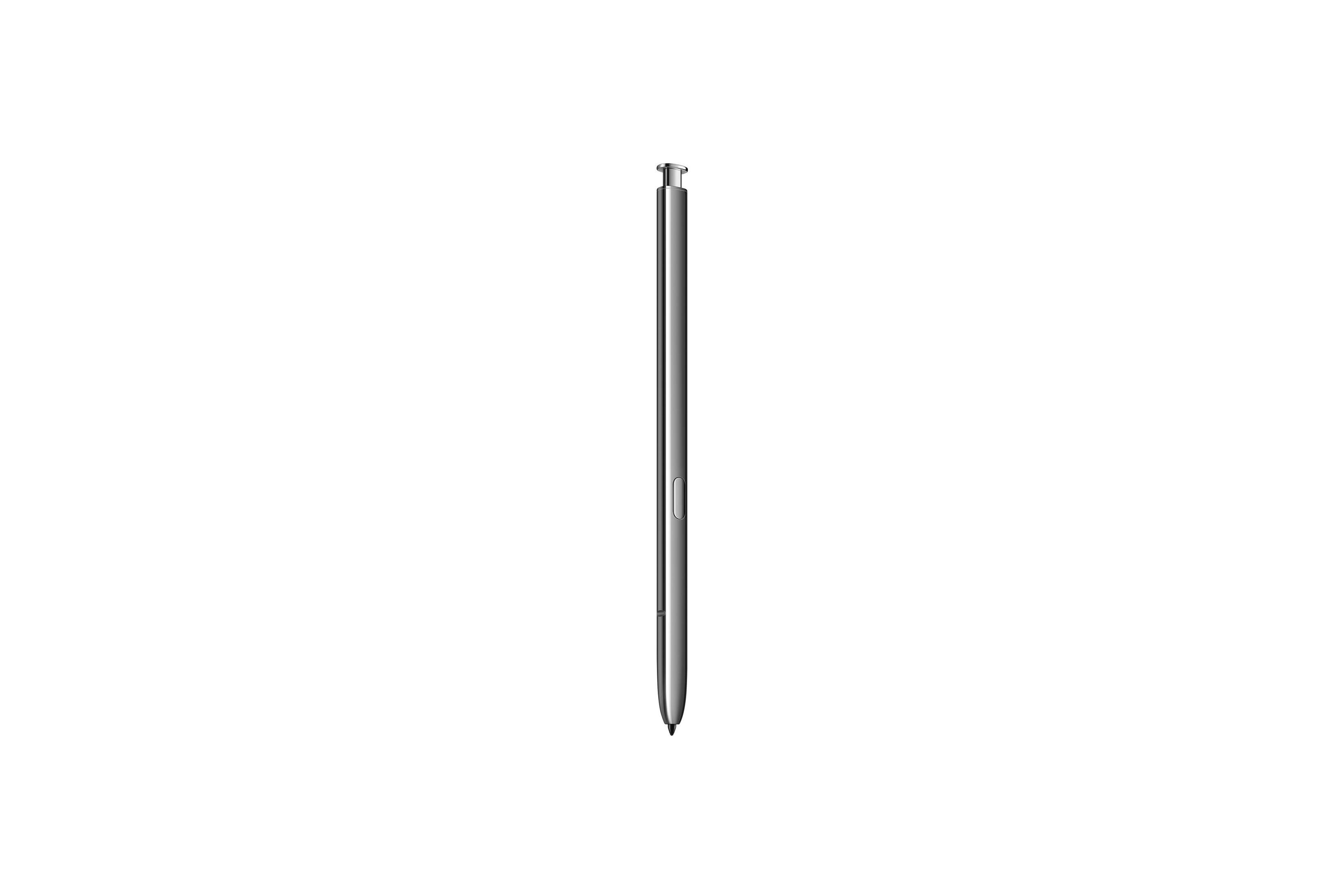 Een donkergrijze styluspen, rechtop op een witte achtergrond. De pen is slank en minimalistisch.