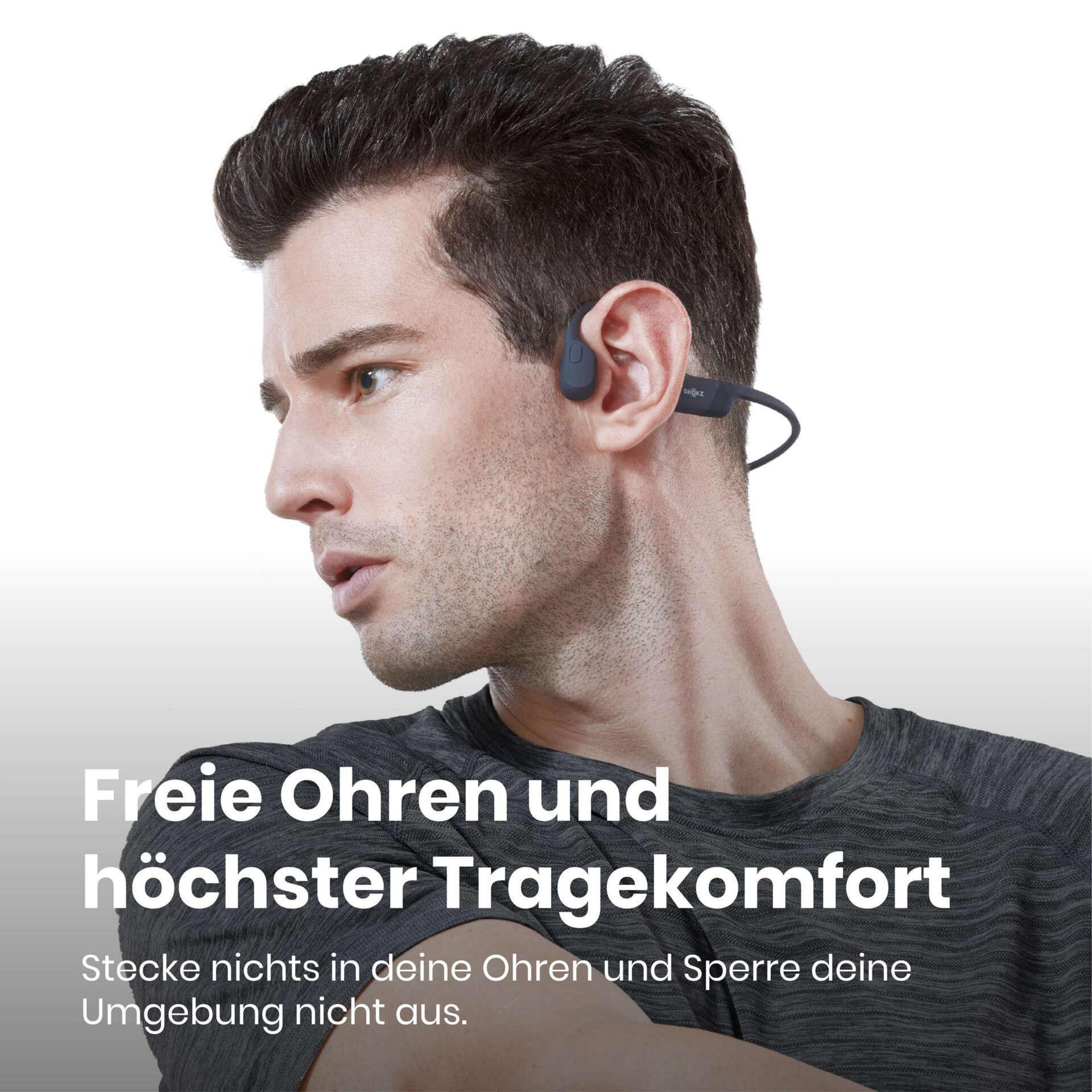 Mann mit Knochenleitungskopfhörern. Text: Freie Ohren und Komfort.
