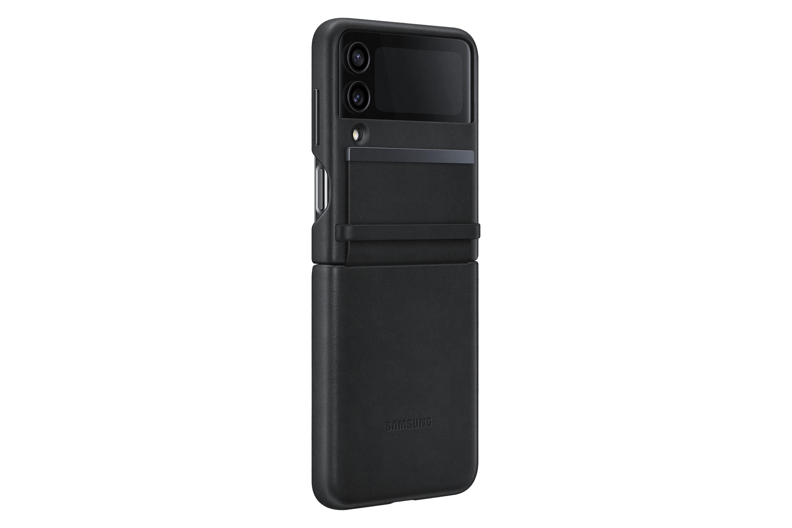 Funda para teléfono plegable negra. Tiene un recorte para la cámara y un tarjetero.