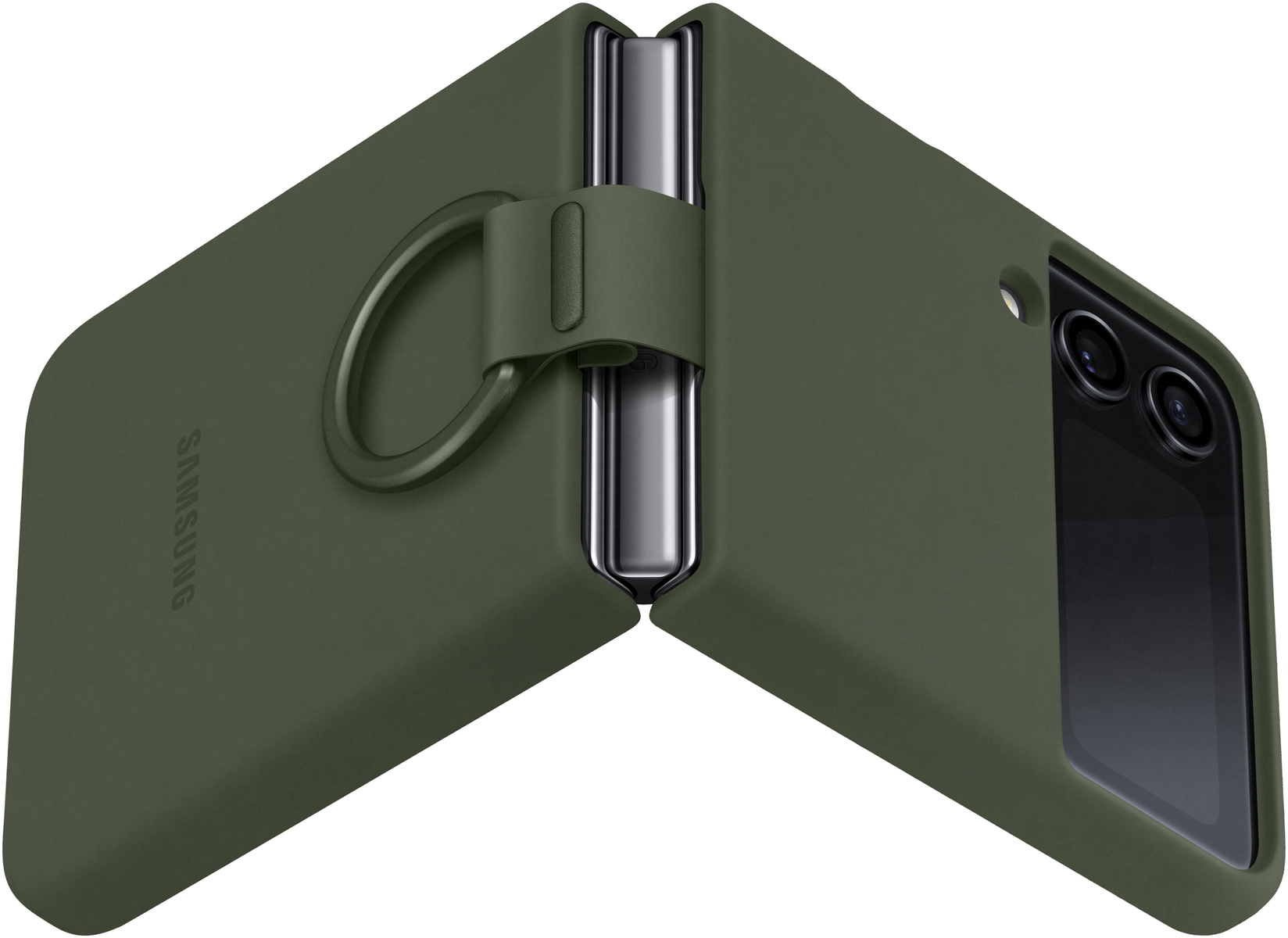 Eine grüne Handyhülle mit Ring auf der Rückseite, aufgeklappt. Ein Telefon ist darin.