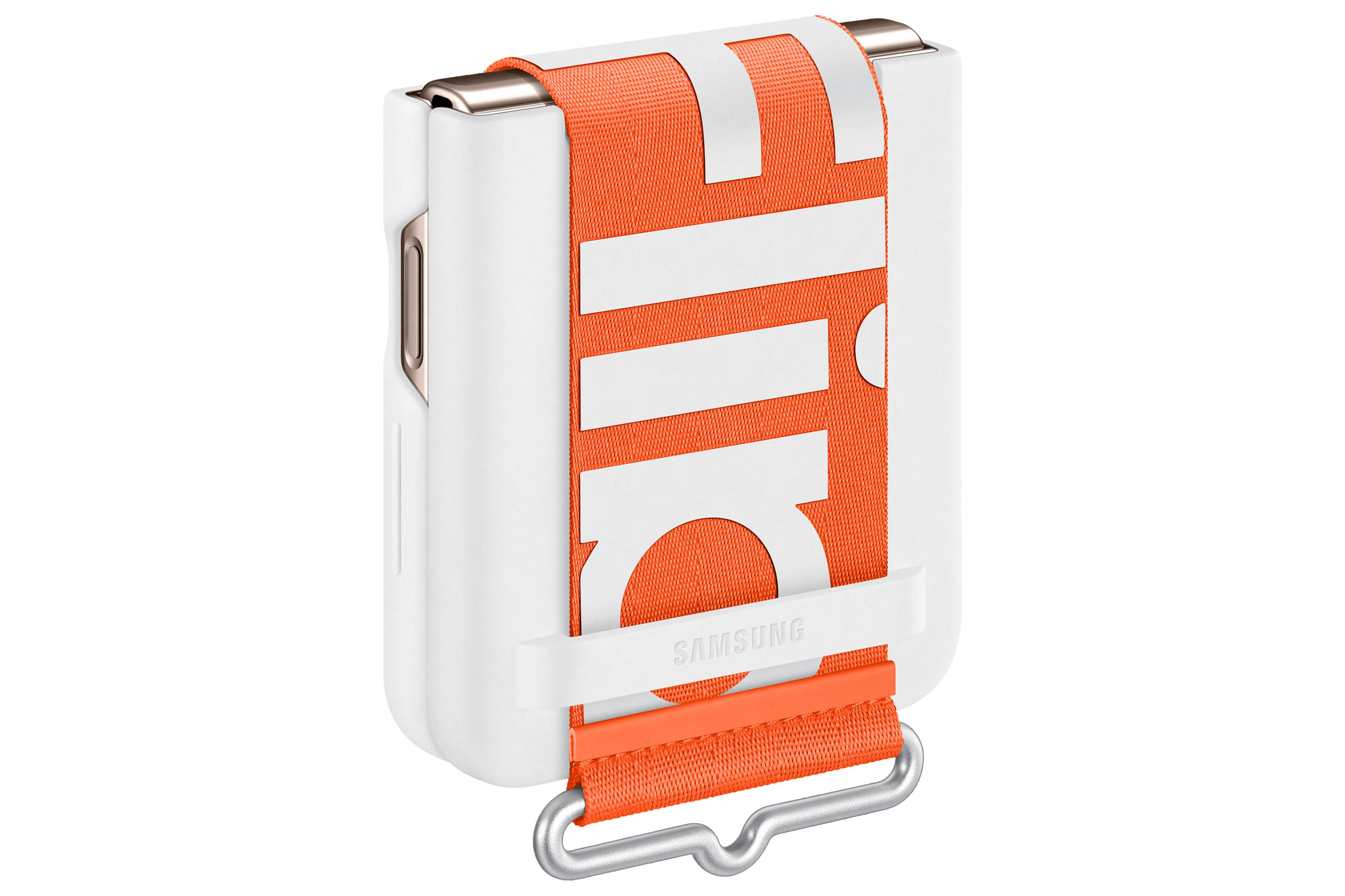 Eine weiße Handyhülle mit einem orangenen Riemen mit der Aufschrift 'LIFE', mit Samsung-Logo.