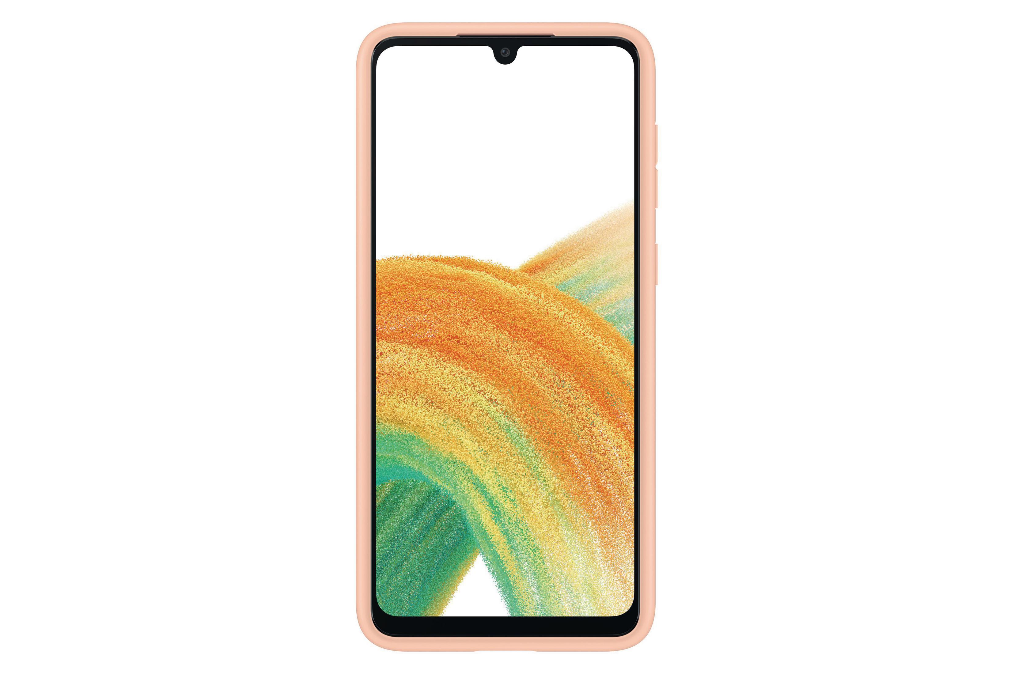 Un teléfono con una funda rosa, y la pantalla muestra un diseño abstracto colorido. Fondo blanco.