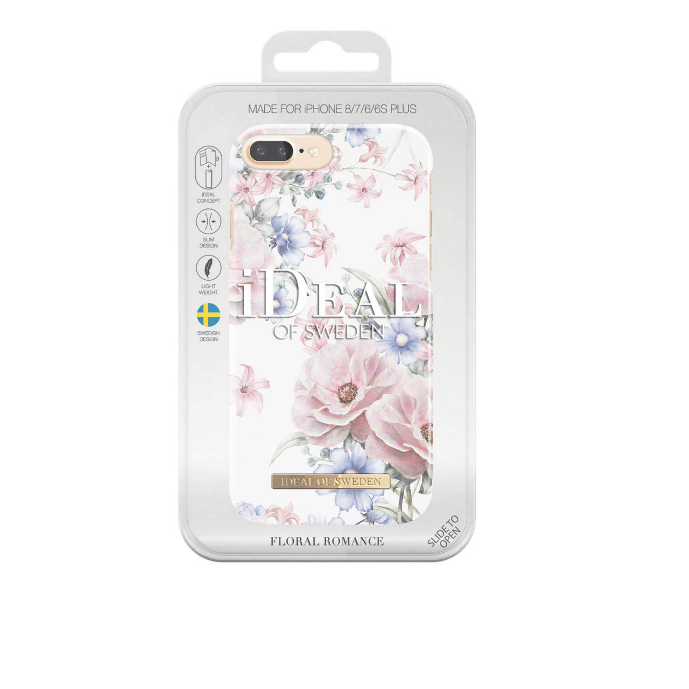 Custodia per telefono in confezione. Design floreale con fiori rosa e blu.