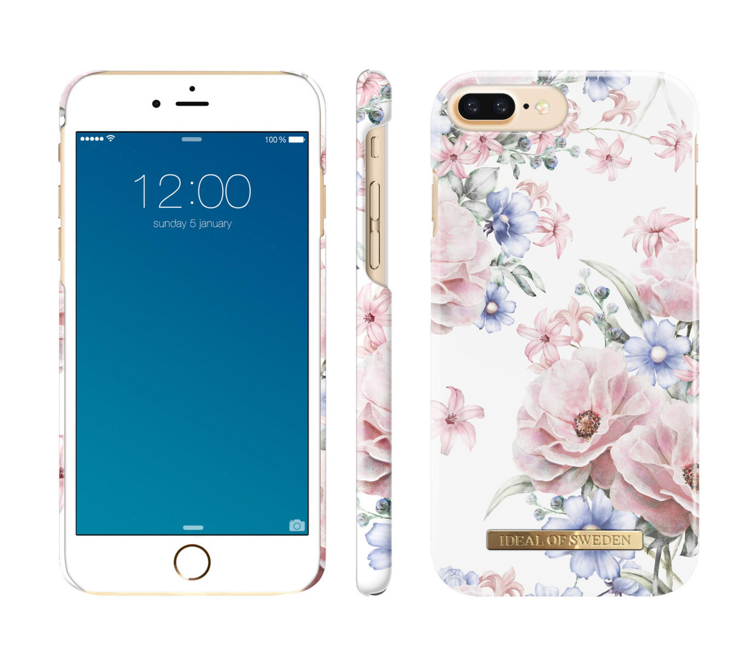 iPhone con custodia floreale, mostrando vista frontale, laterale e posteriore. Fiori rosa, blu e bianchi.