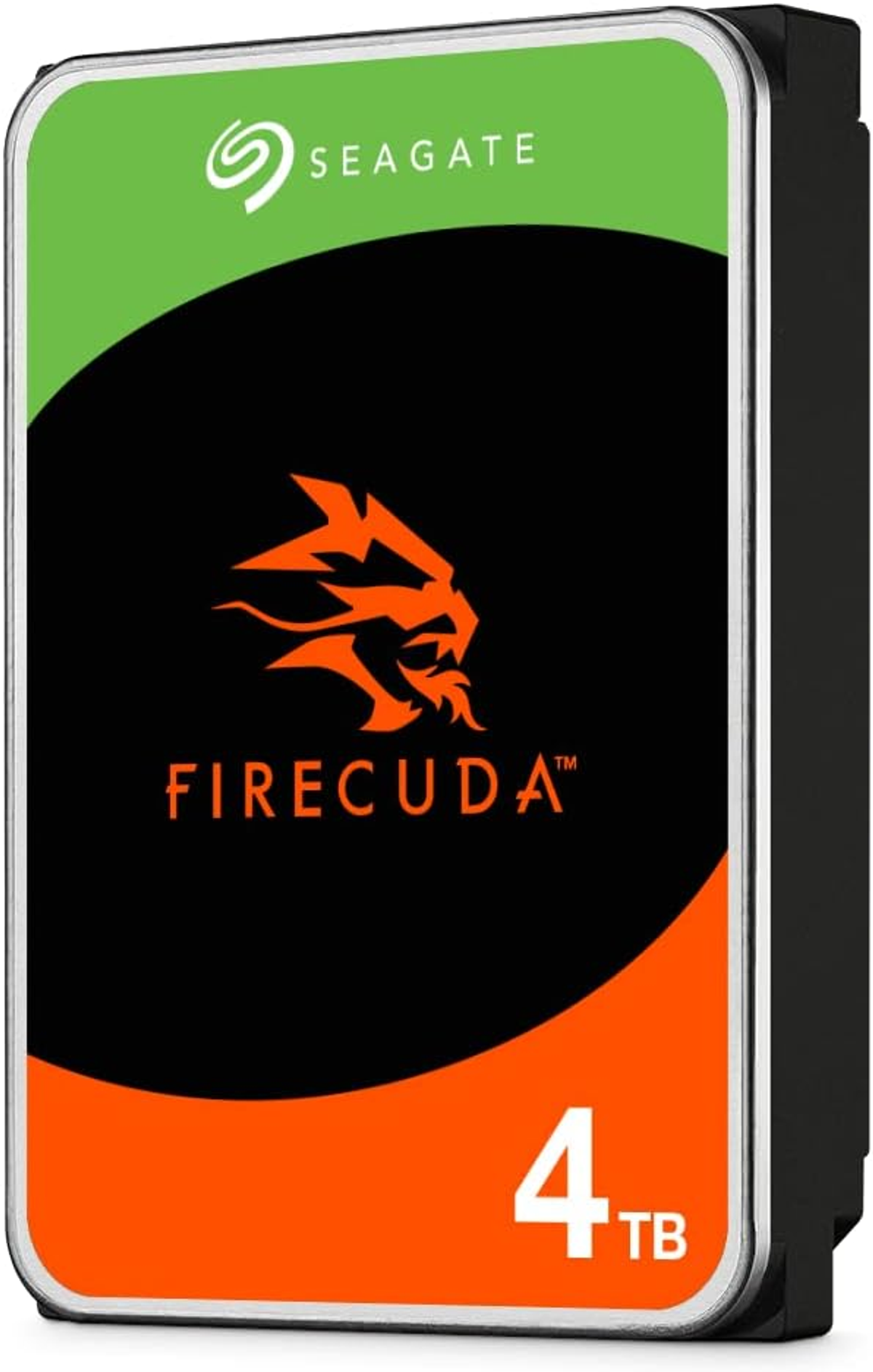 Un disco rigido FireCuda da 4 TB. Ha un case nero con dettagli arancioni e verdi e logo.